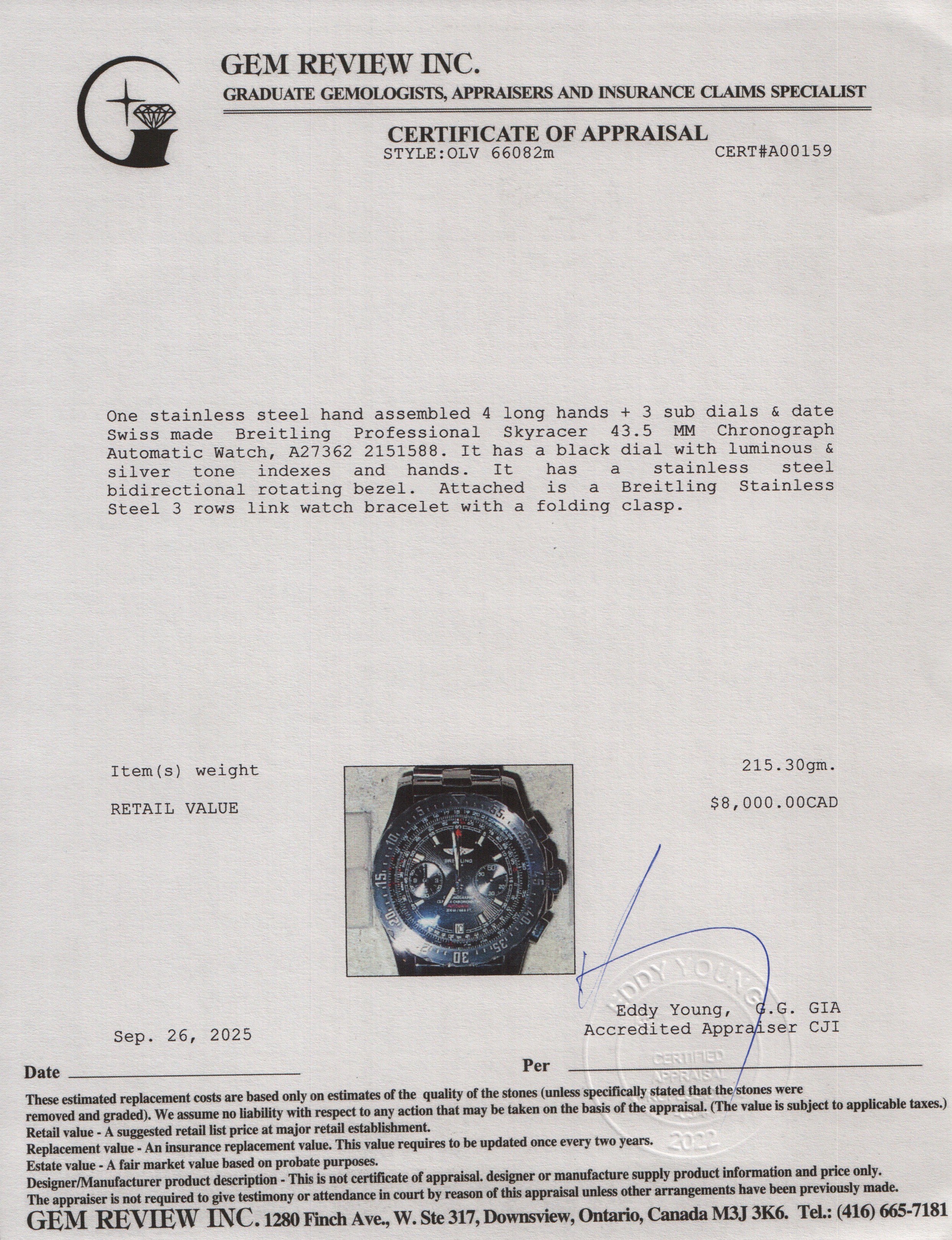 Breitling Stainless Steel Professional Skyracer 43.5 MM Chronograph Automatic Watch Black Dial A27362 w/ Box & Papers