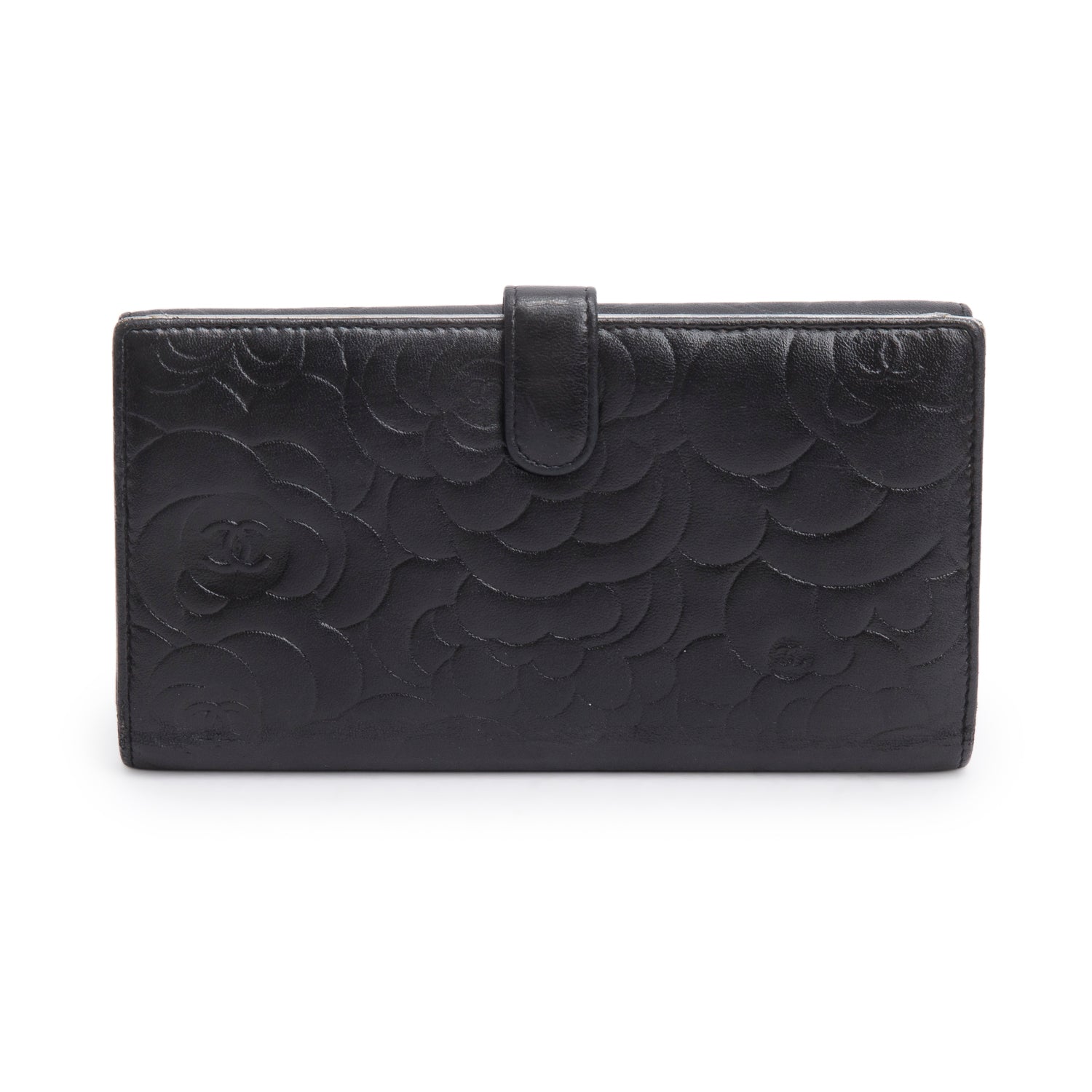 Chanel Black Lambskin Camellia Embossed Large Flap Wallet