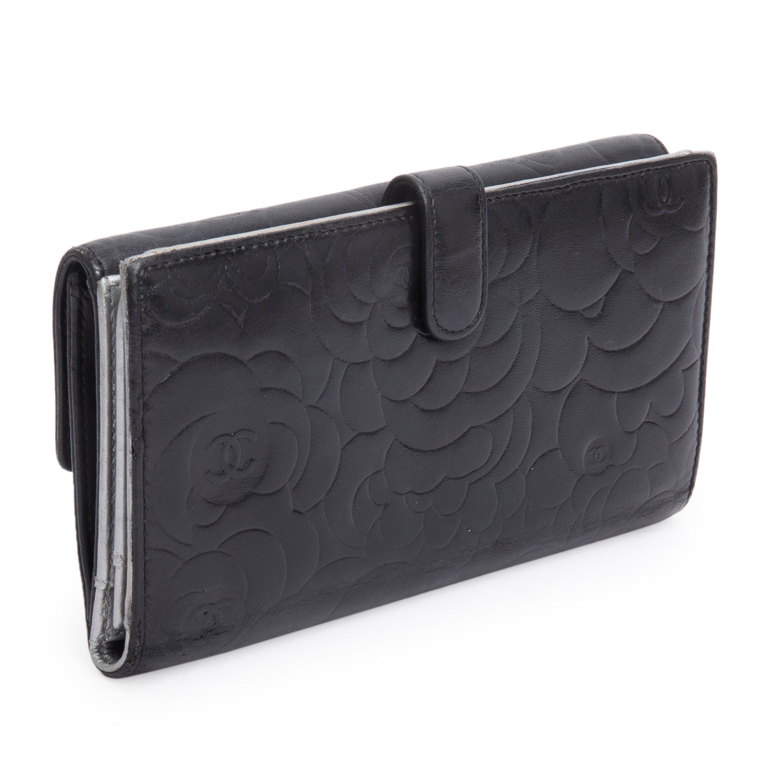 Chanel Black Lambskin Camellia Embossed Large Flap Wallet
