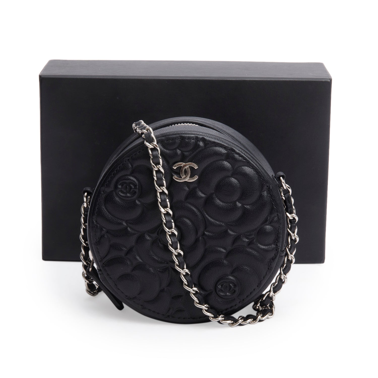Chanel Black Caviar Camellia Embossed Round Clutch w/ Box & Authenticity Card