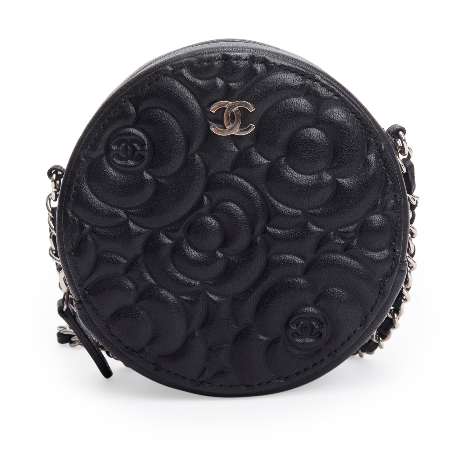 Chanel Black Caviar Camellia Embossed Round Clutch w/ Box & Authenticity Card