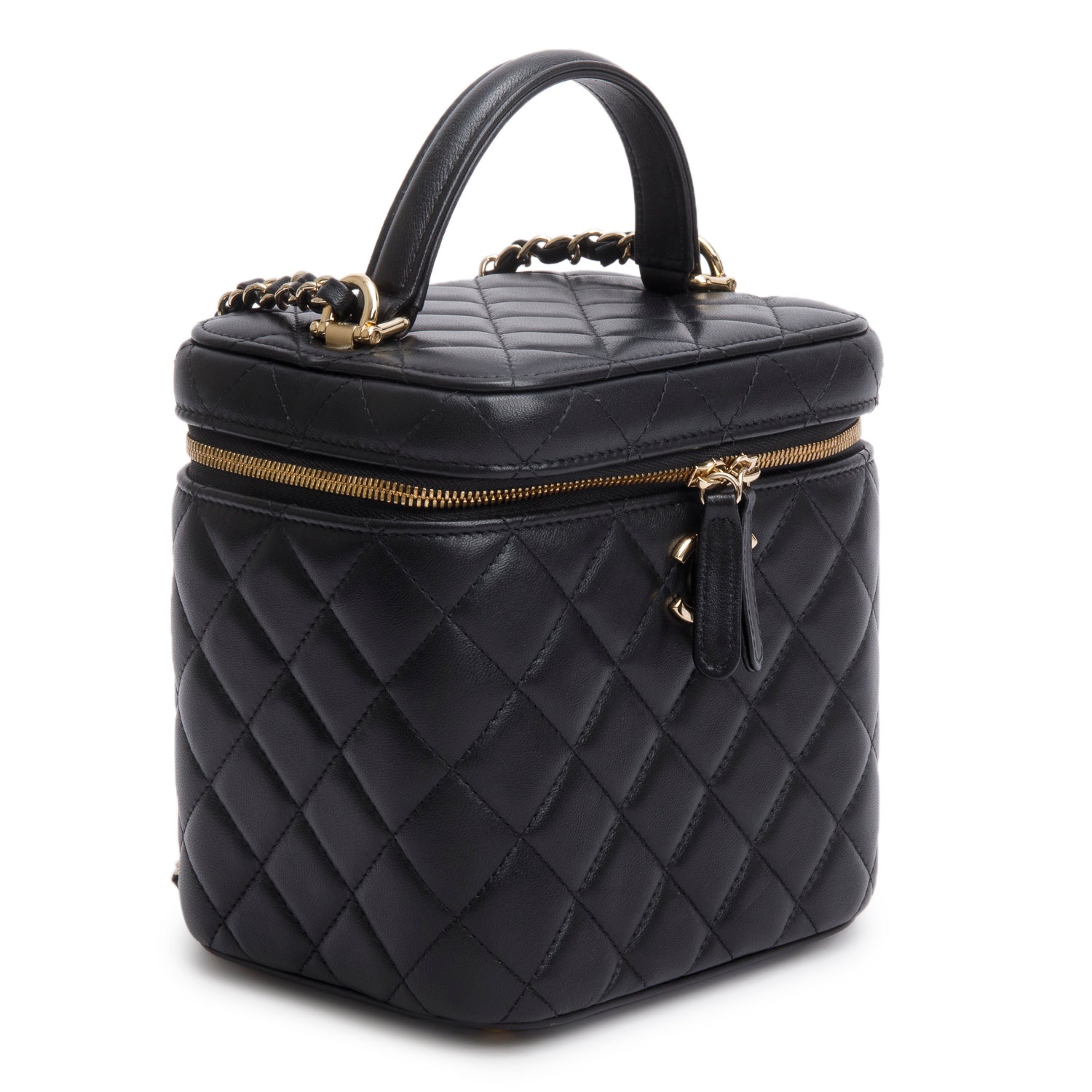 Chanel Black Caviar Quilted Small Top Handle Vanity Case w/ Chain