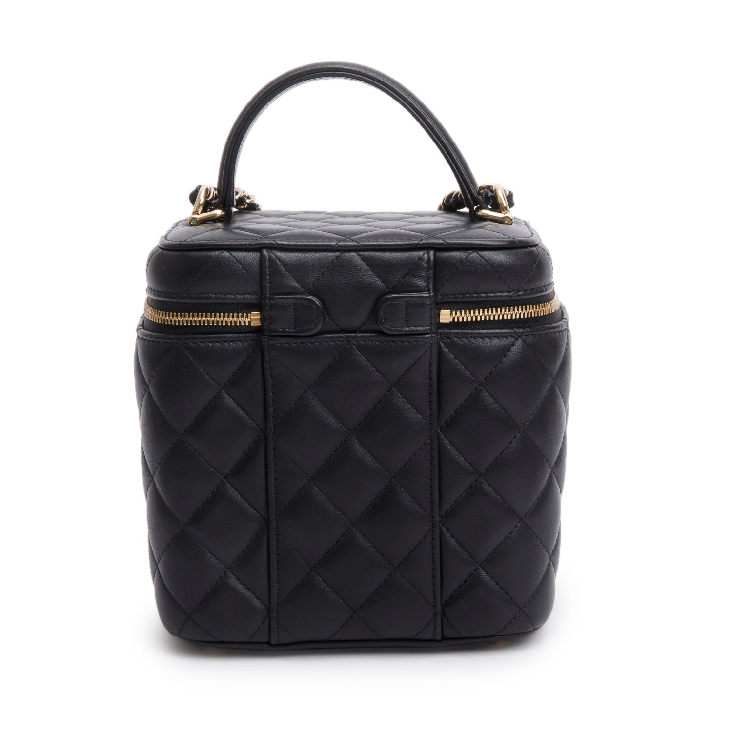 Chanel Black Caviar Quilted Small Top Handle Vanity Case w/ Chain