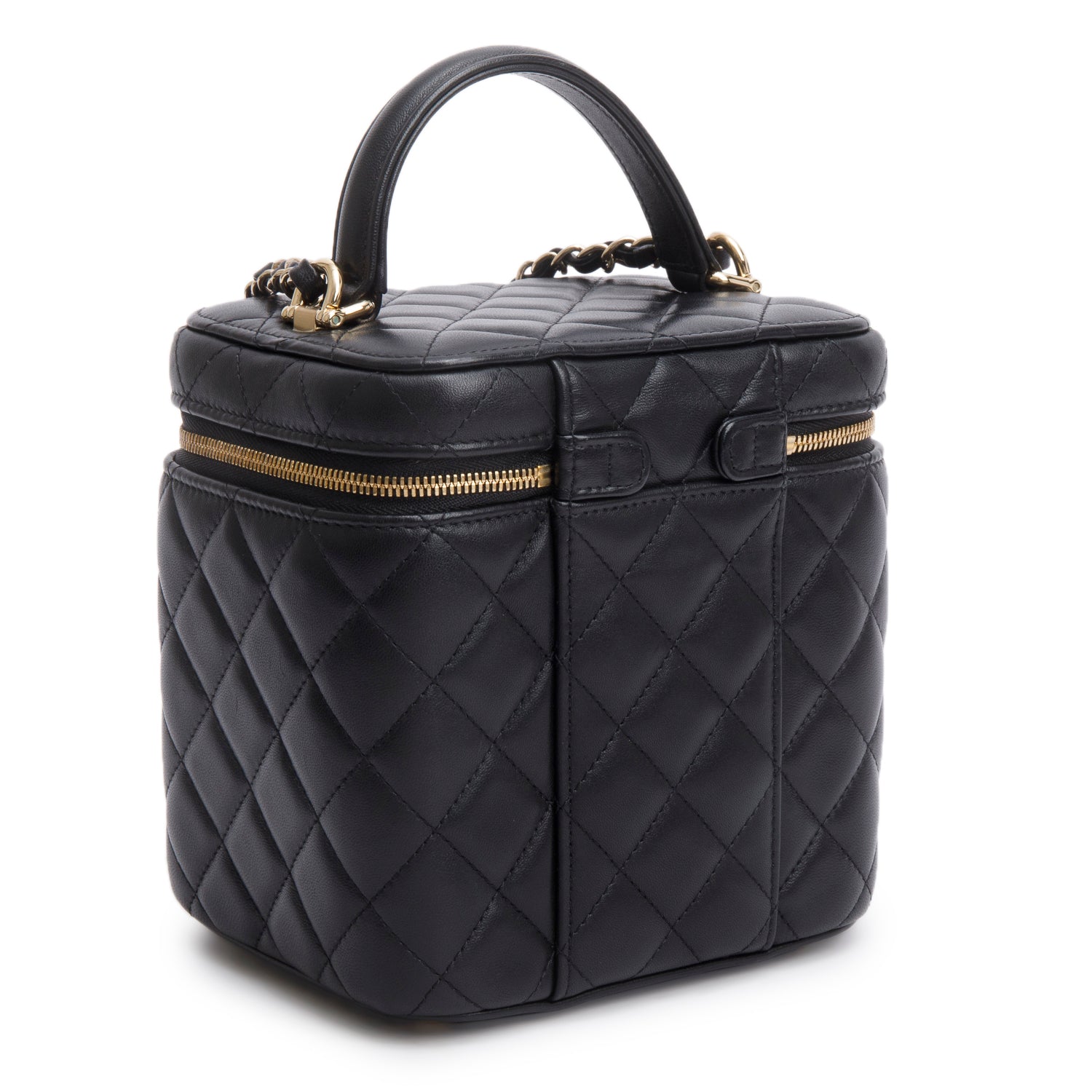 Chanel Black Caviar Quilted Small Top Handle Vanity Case w/ Chain