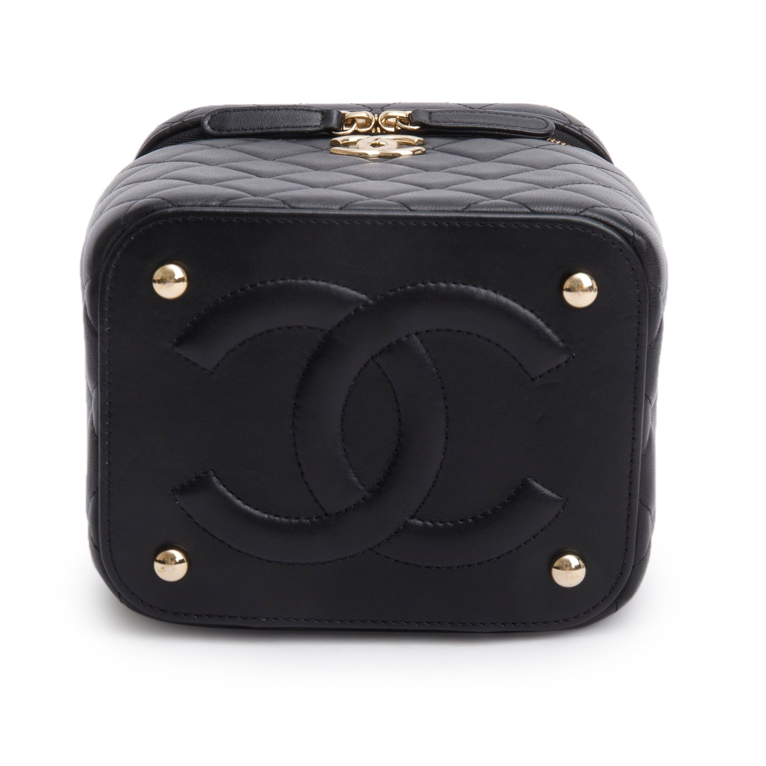Chanel Black Caviar Quilted Small Top Handle Vanity Case w/ Chain