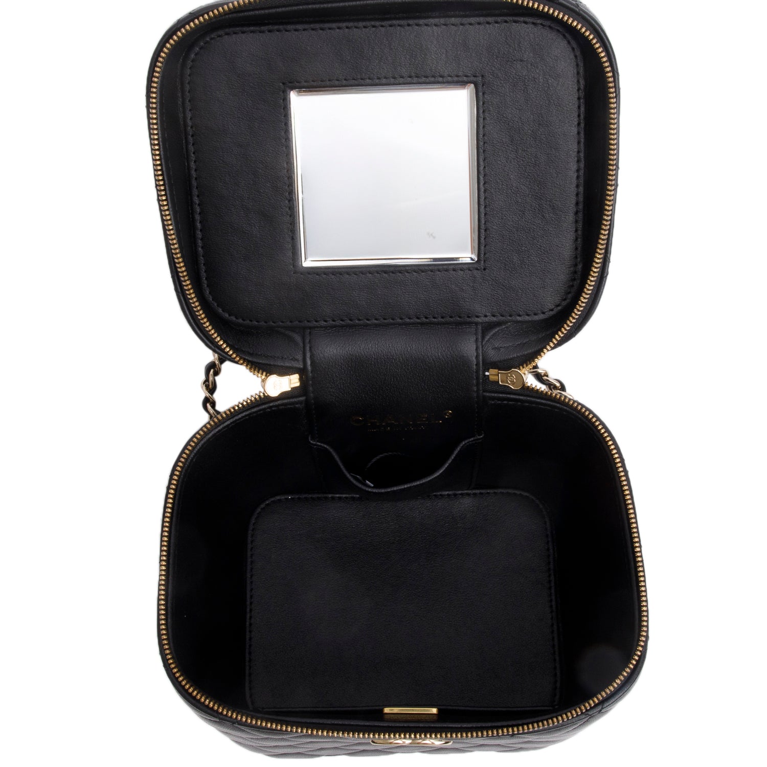 Chanel Black Caviar Quilted Small Top Handle Vanity Case w/ Chain
