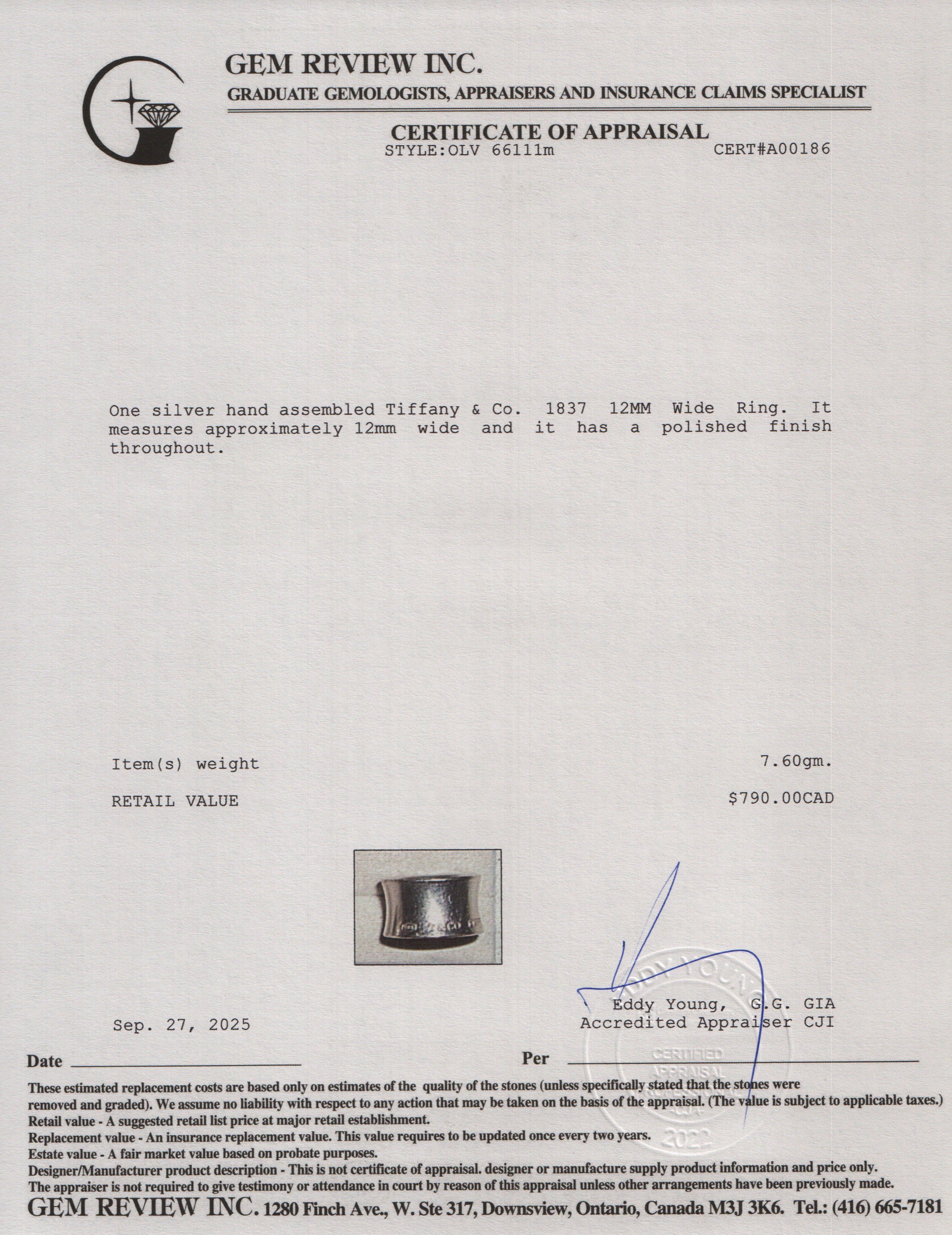 Tiffany & Co. Sterling Silver 1837 12 MM Wide Ring, Size 7.75