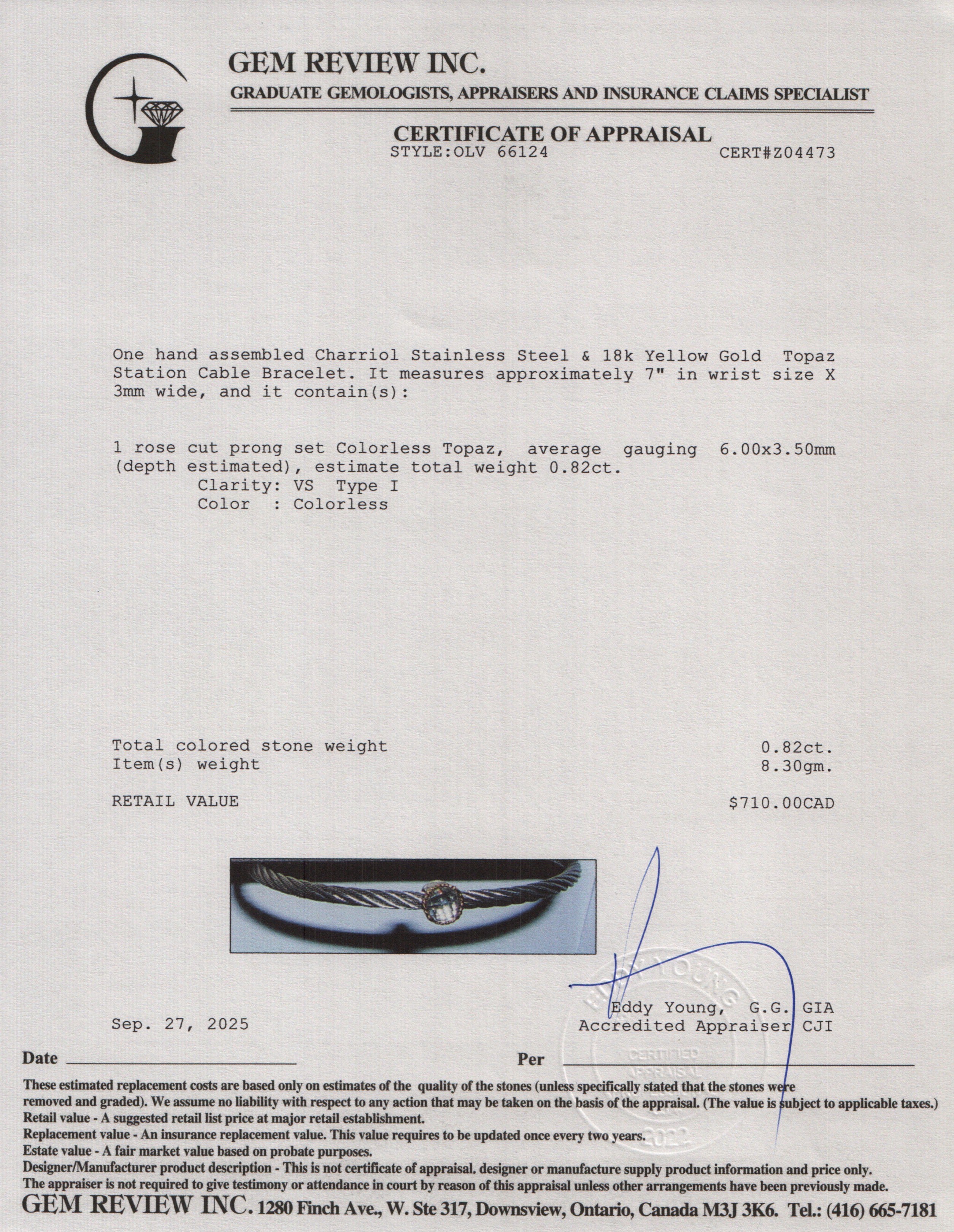 Charriol Stainless Steel & 18k Yellow Gold Topaz Station Cable Bracelet