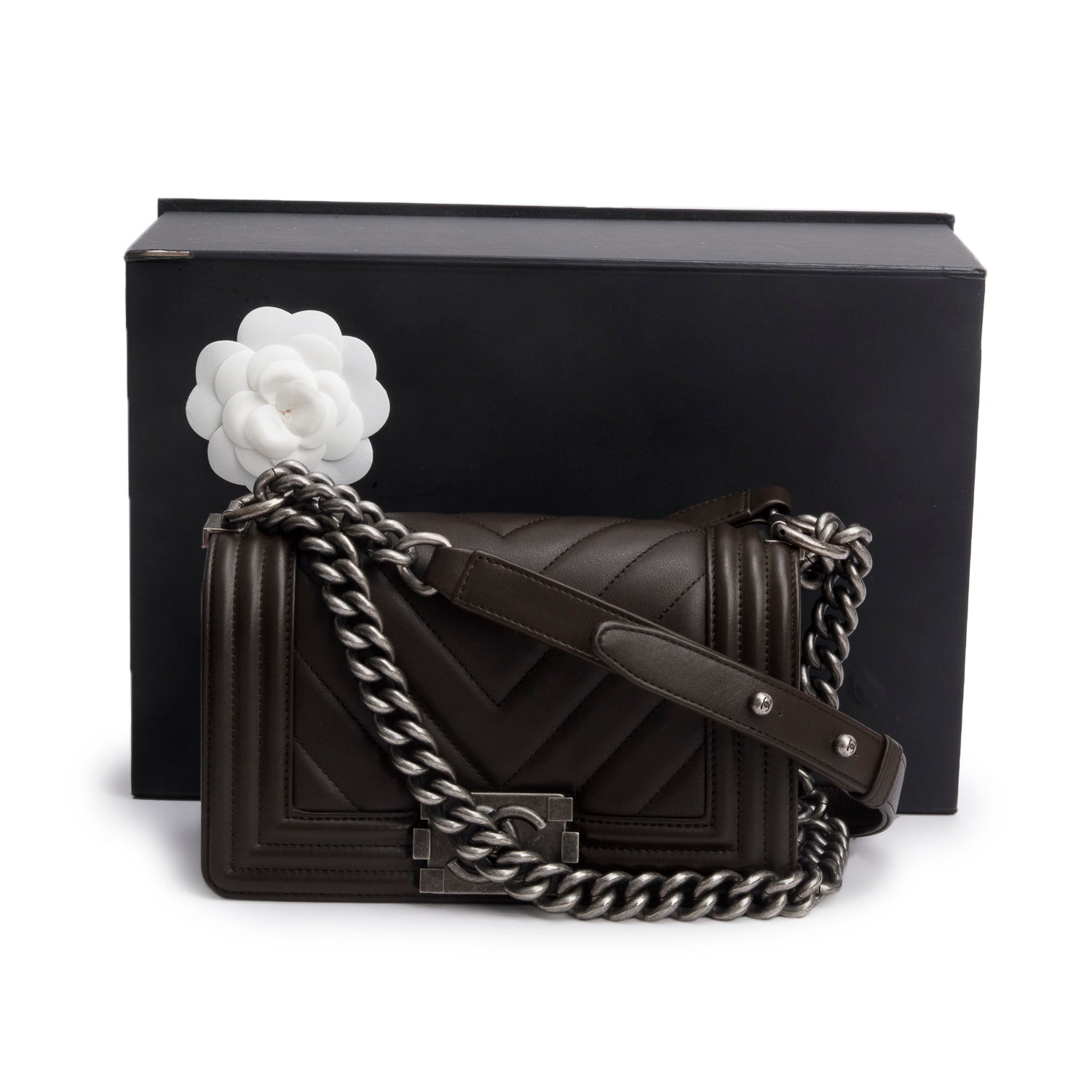 Chanel Brown Lambskin Chevron Small Boy Bag w/ Box & Authenticity Card