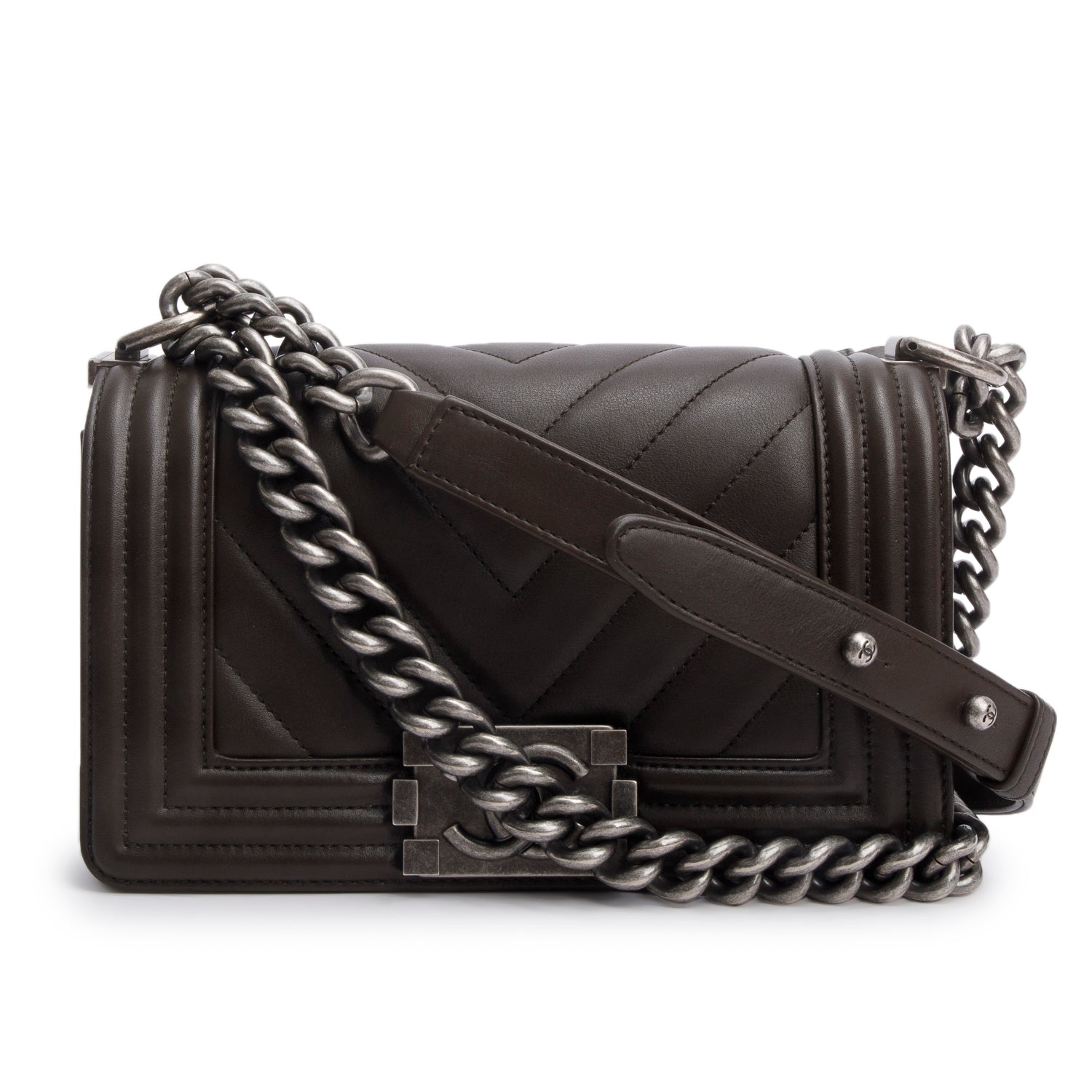 Chanel Brown Lambskin Chevron Small Boy Bag w/ Box & Authenticity Card