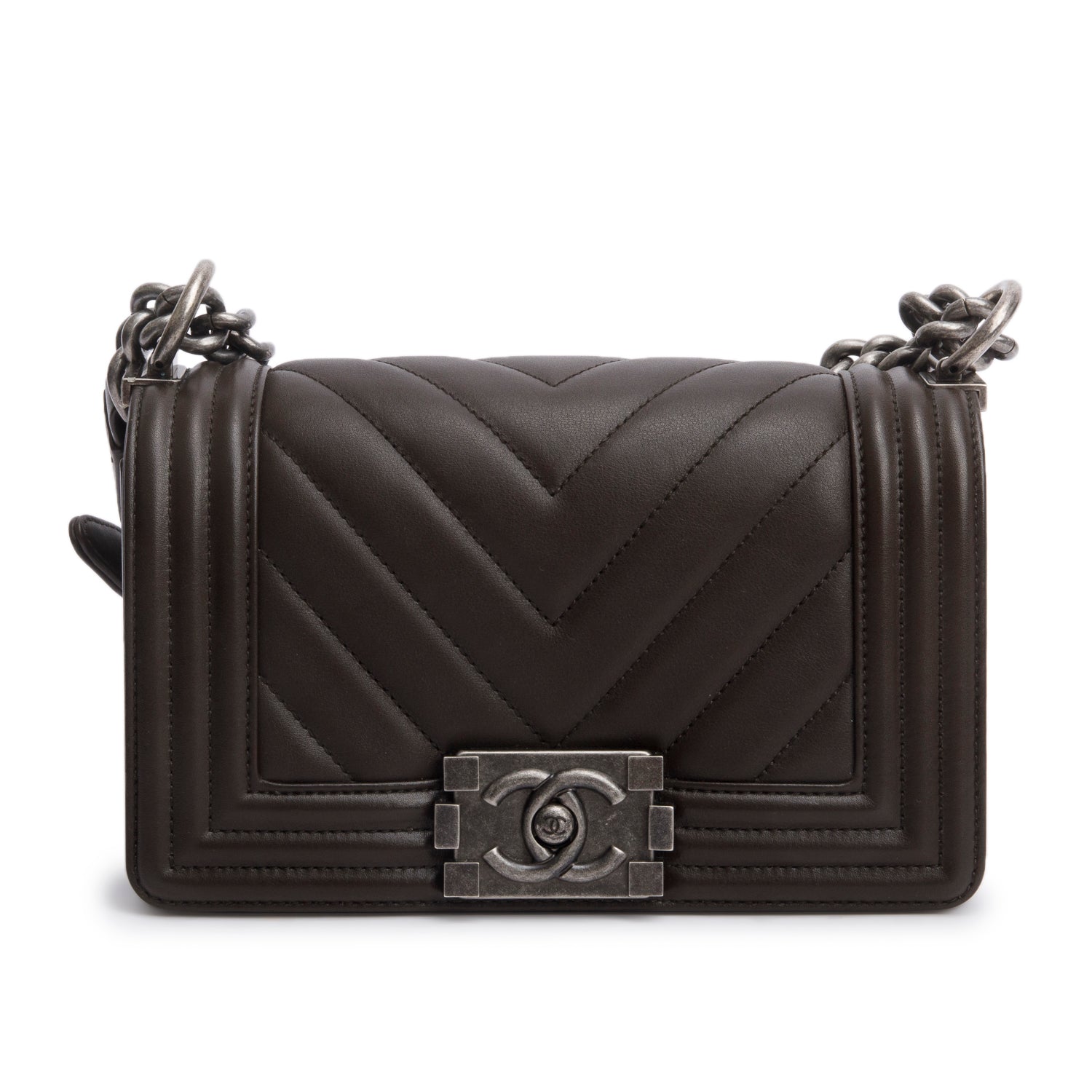 Chanel Brown Lambskin Chevron Small Boy Bag w/ Box & Authenticity Card