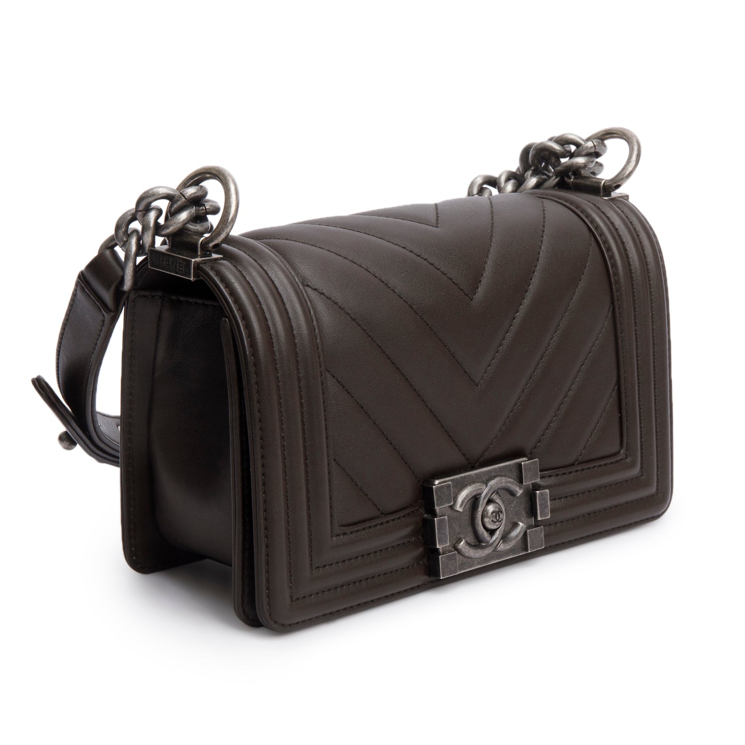 Chanel Brown Lambskin Chevron Small Boy Bag w/ Box & Authenticity Card