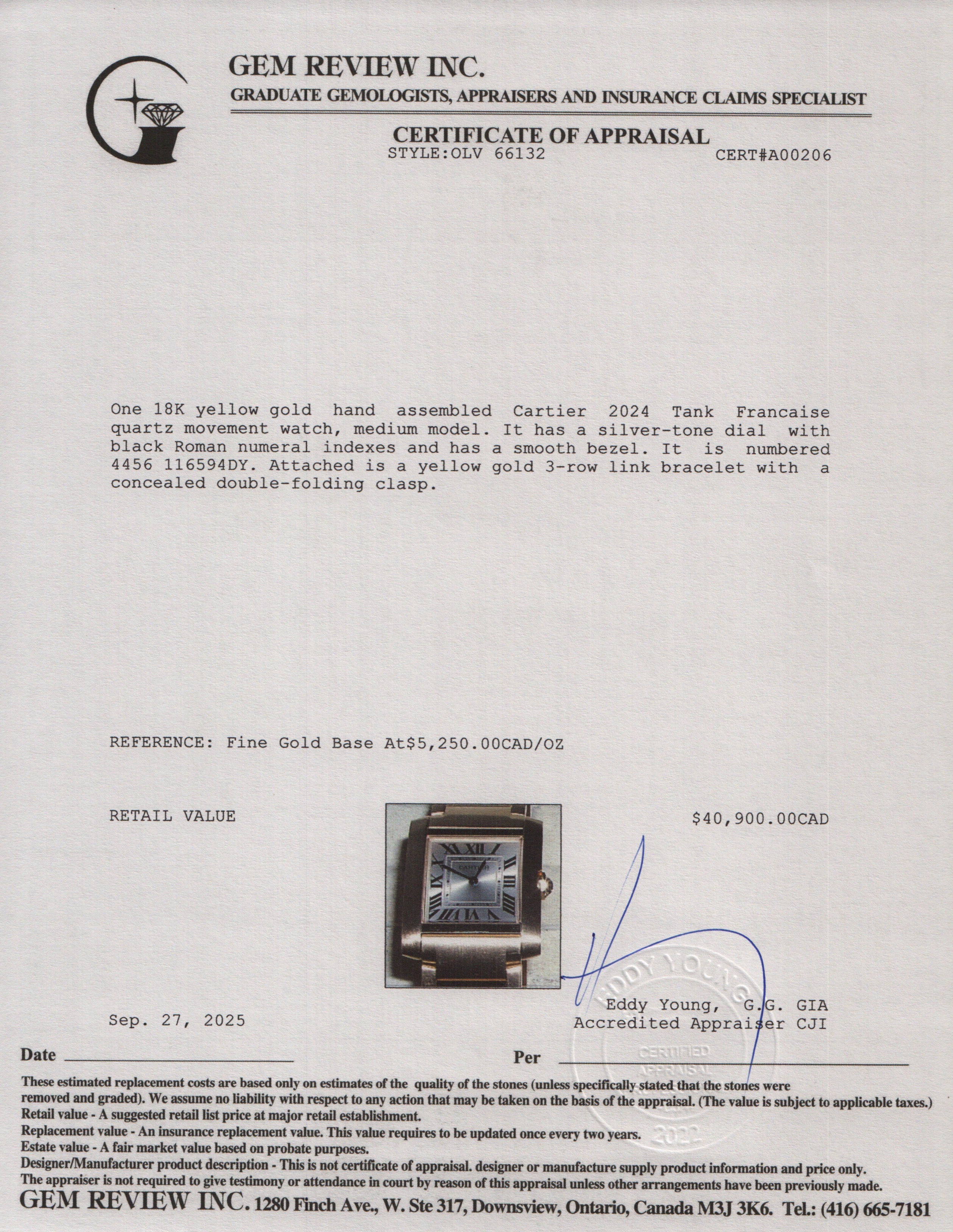 Cartier 2024 18k Yellow Gold Tank Francaise Watch, Medium Model 4456 w/ Box & Papers