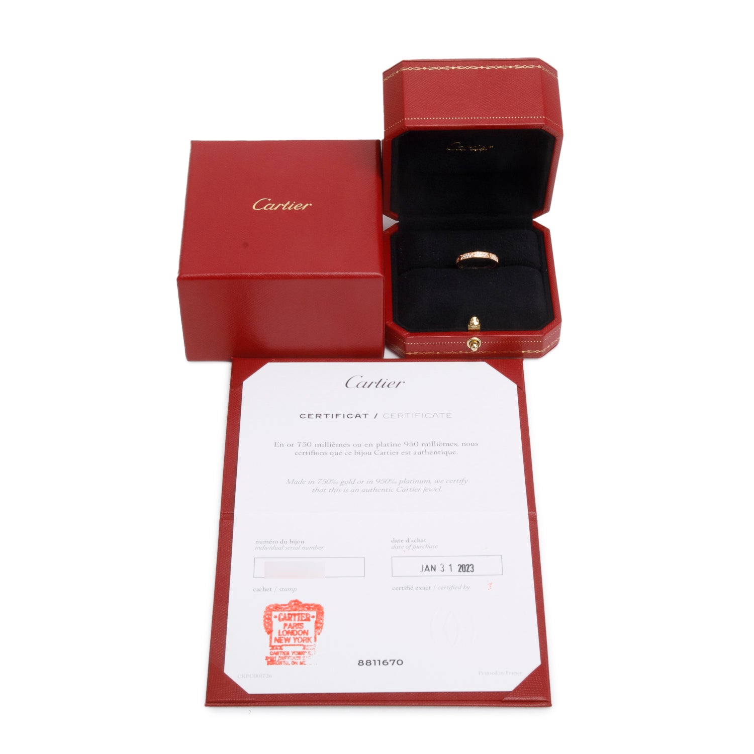 Cartier 2023 18k Rose Gold Paved Diamond Love Ring, Mini Model Size 50 5.25 w/ Box & Certificate