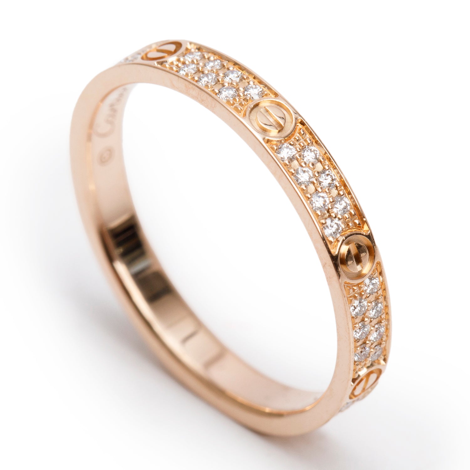 Cartier 2023 18k Rose Gold Paved Diamond Love Ring, Mini Model Size 50 5.25 w/ Box & Certificate