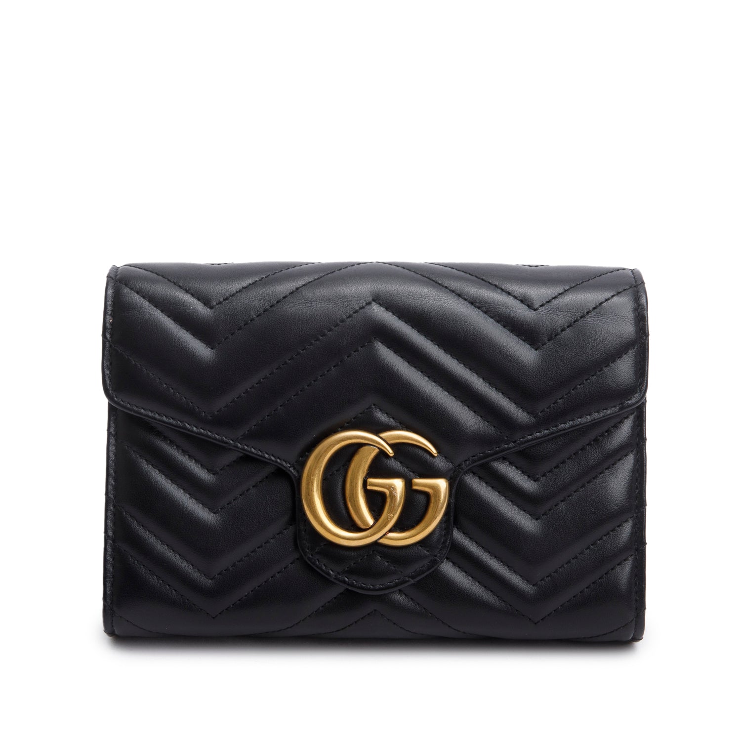 Gucci Black Calfskin Matelasse GG Marmont Chain Wallet w/ Box