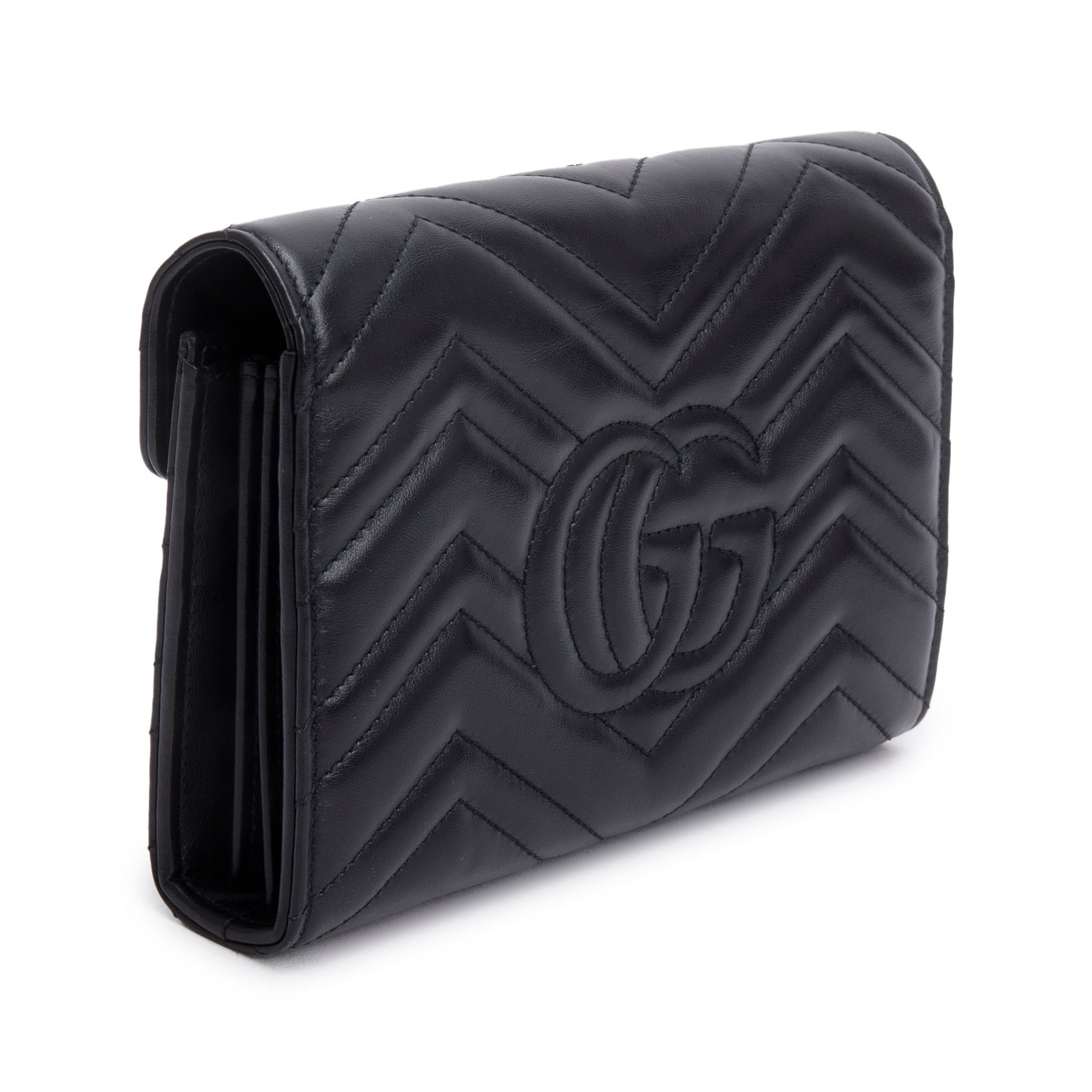 Gucci Black Calfskin Matelasse GG Marmont Chain Wallet w/ Box