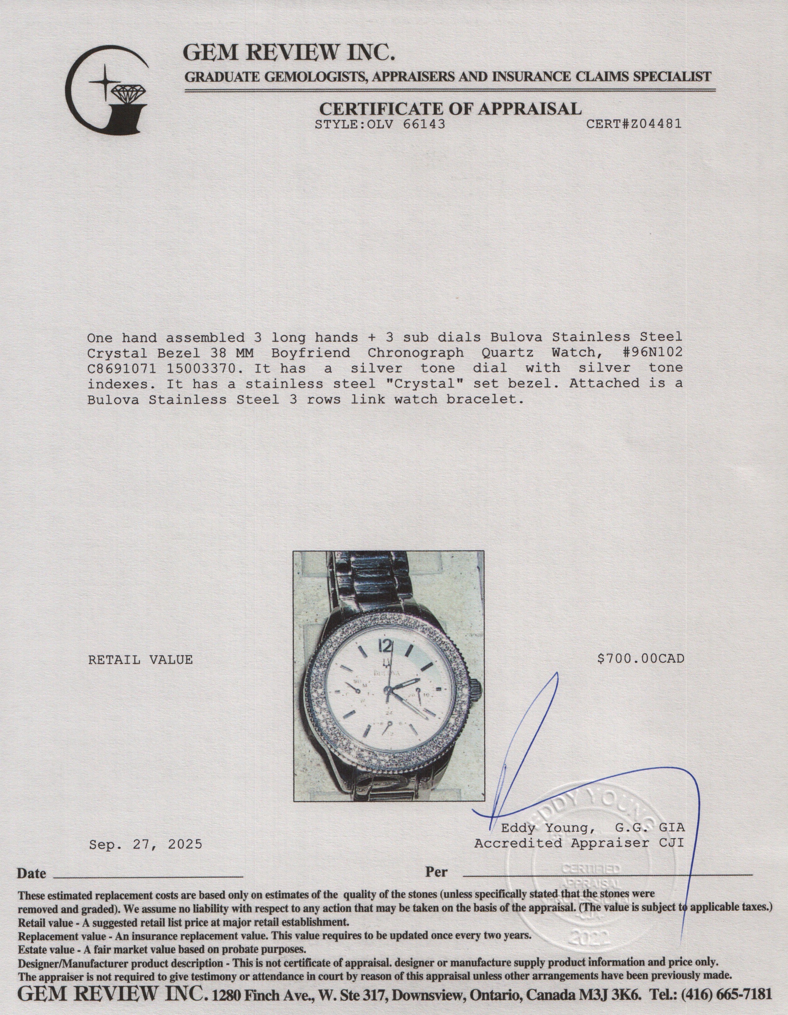 Bulova Stainless Steel Crystal Bezel 38 MM Boyfriend Chronograph Quartz Watch