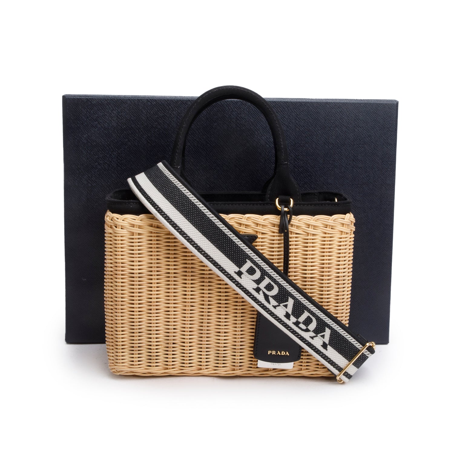 Prada 2023 Wicker/Canvas Medium Tote Naturale w/ Box, Strap & Authenticity Card