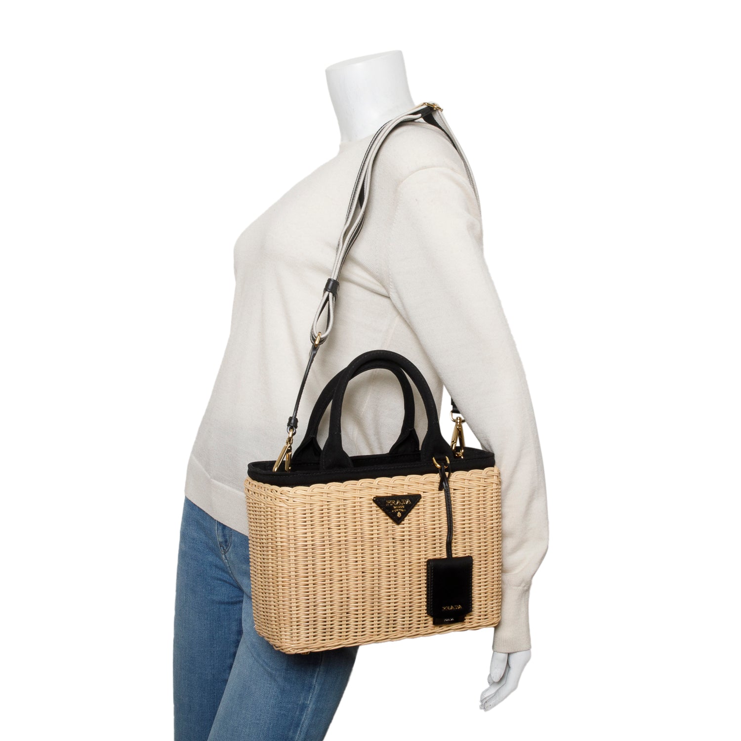 Prada 2023 Wicker/Canvas Medium Tote Naturale w/ Box, Strap & Authenticity Card