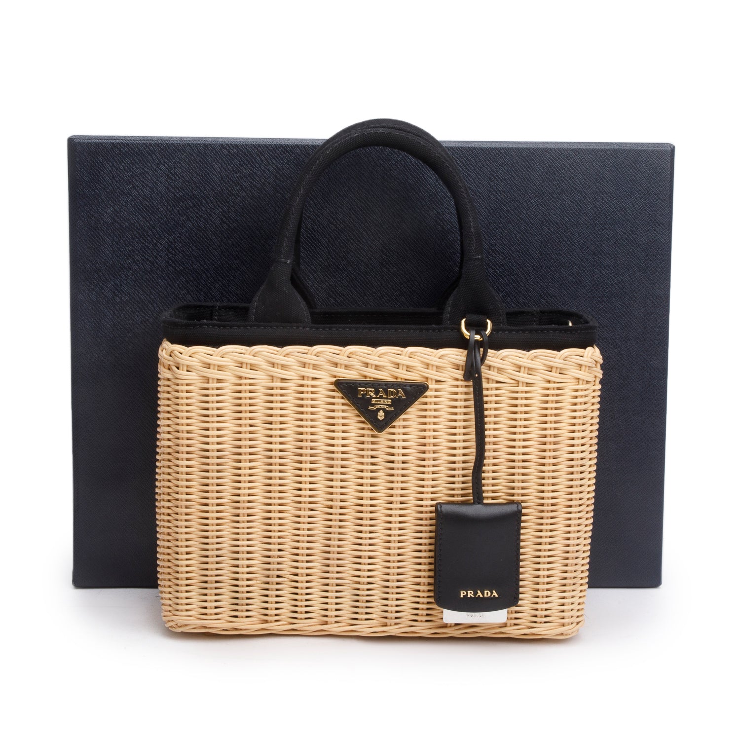 Prada 2023 Wicker/Canvas Medium Tote Naturale w/ Box, Strap & Authenticity Card