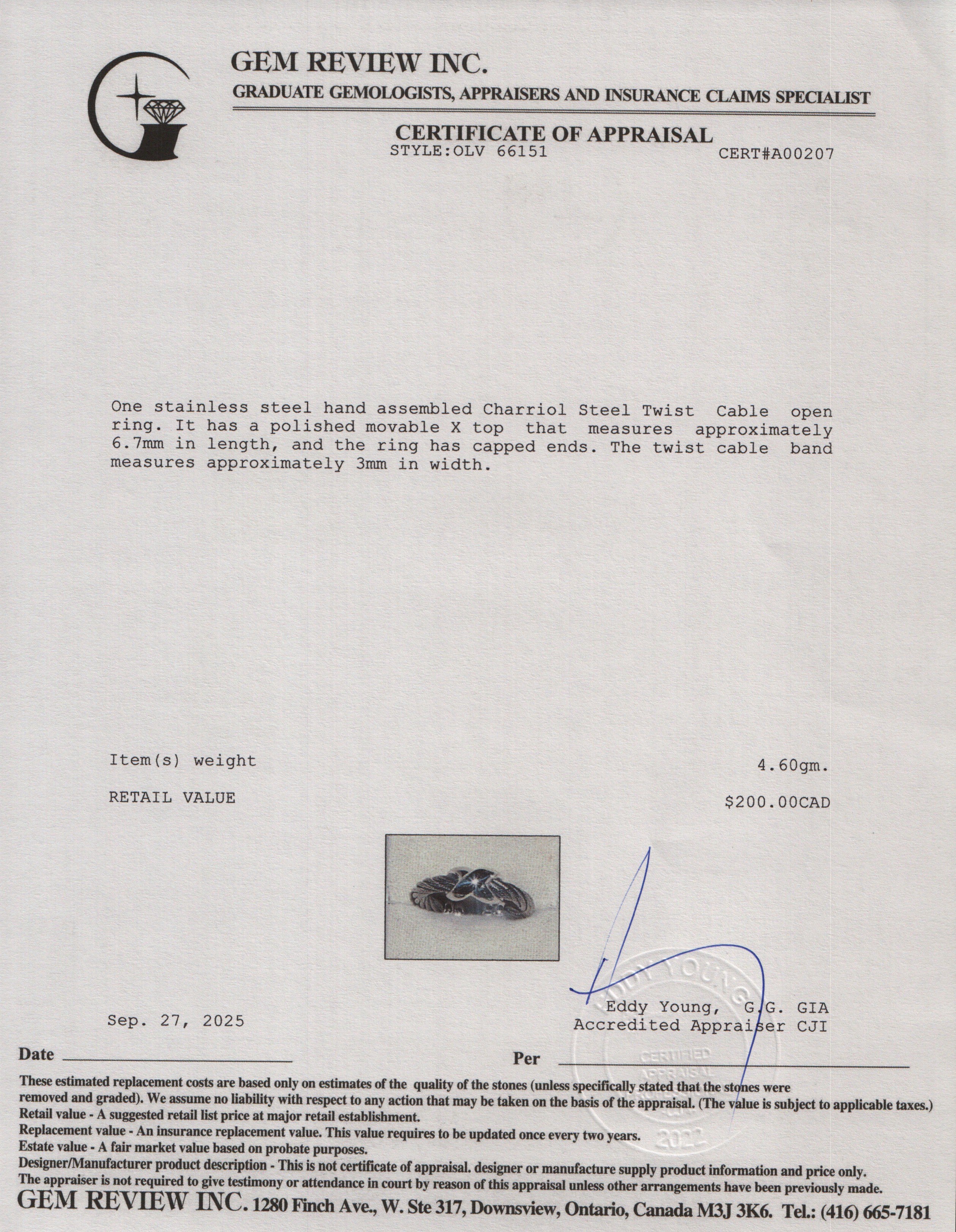 Charriol Stainless Steel Twist Cable Open Ring, Size 7