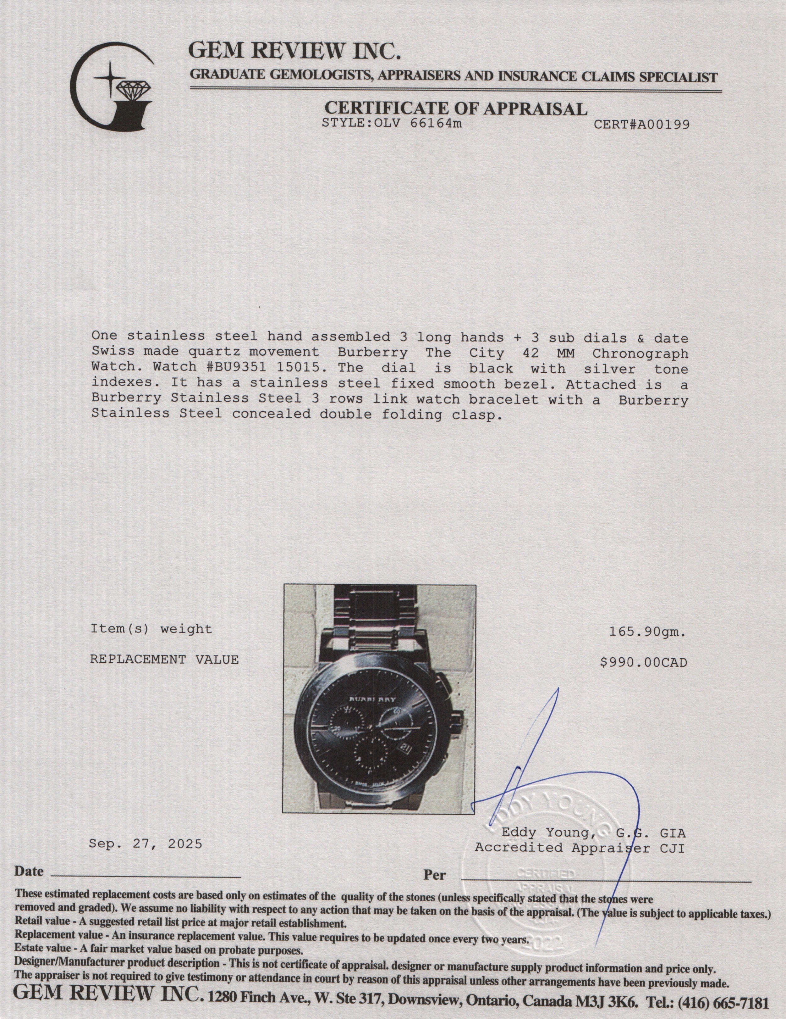 Burberry Stainless Steel BU9351 The City 42 MM Chronograph Watch w/ Box