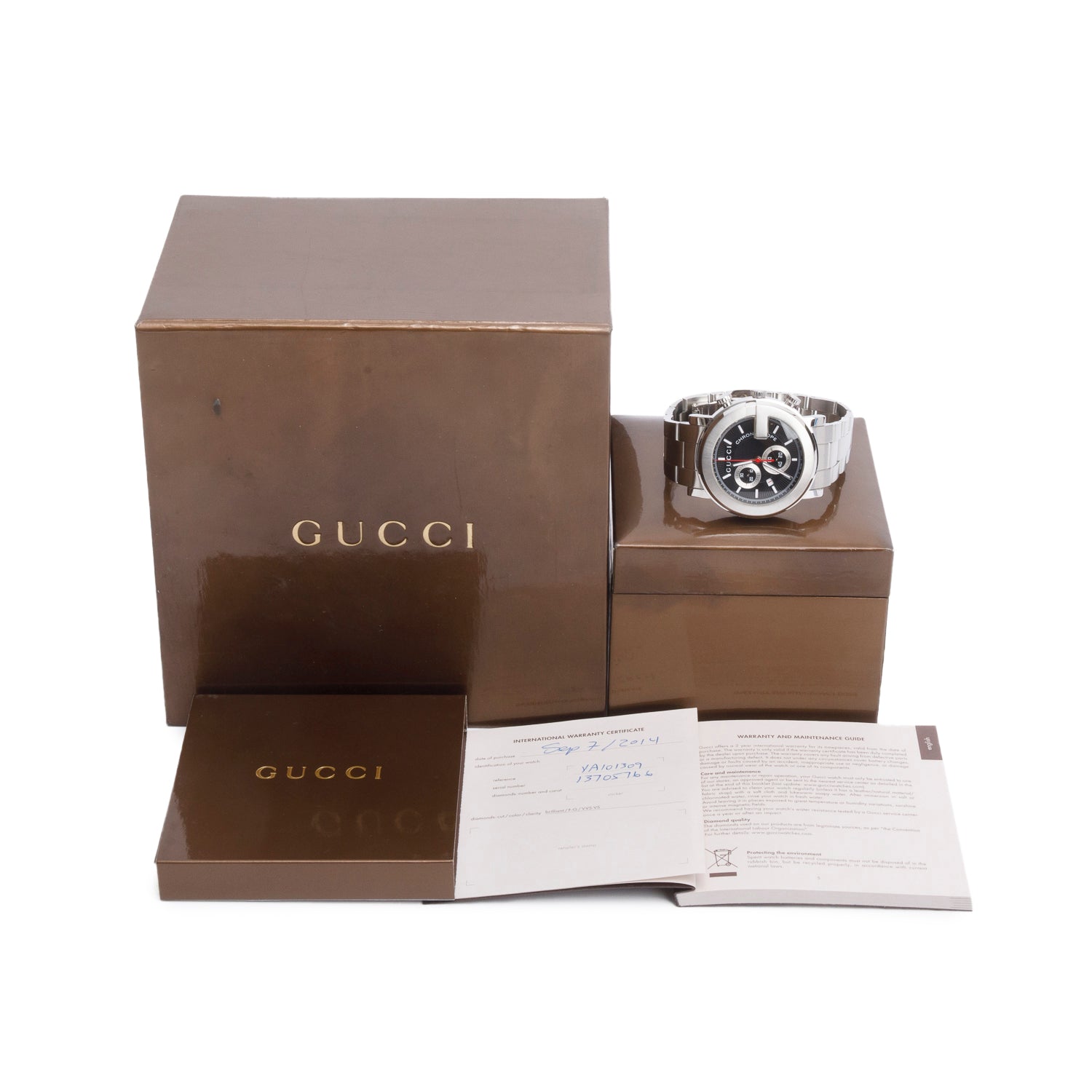 Gucci Stainless Steel G-Chrono 44 MM Watch Quartz Watch Black Dial YA101309 w/ Box & Papers