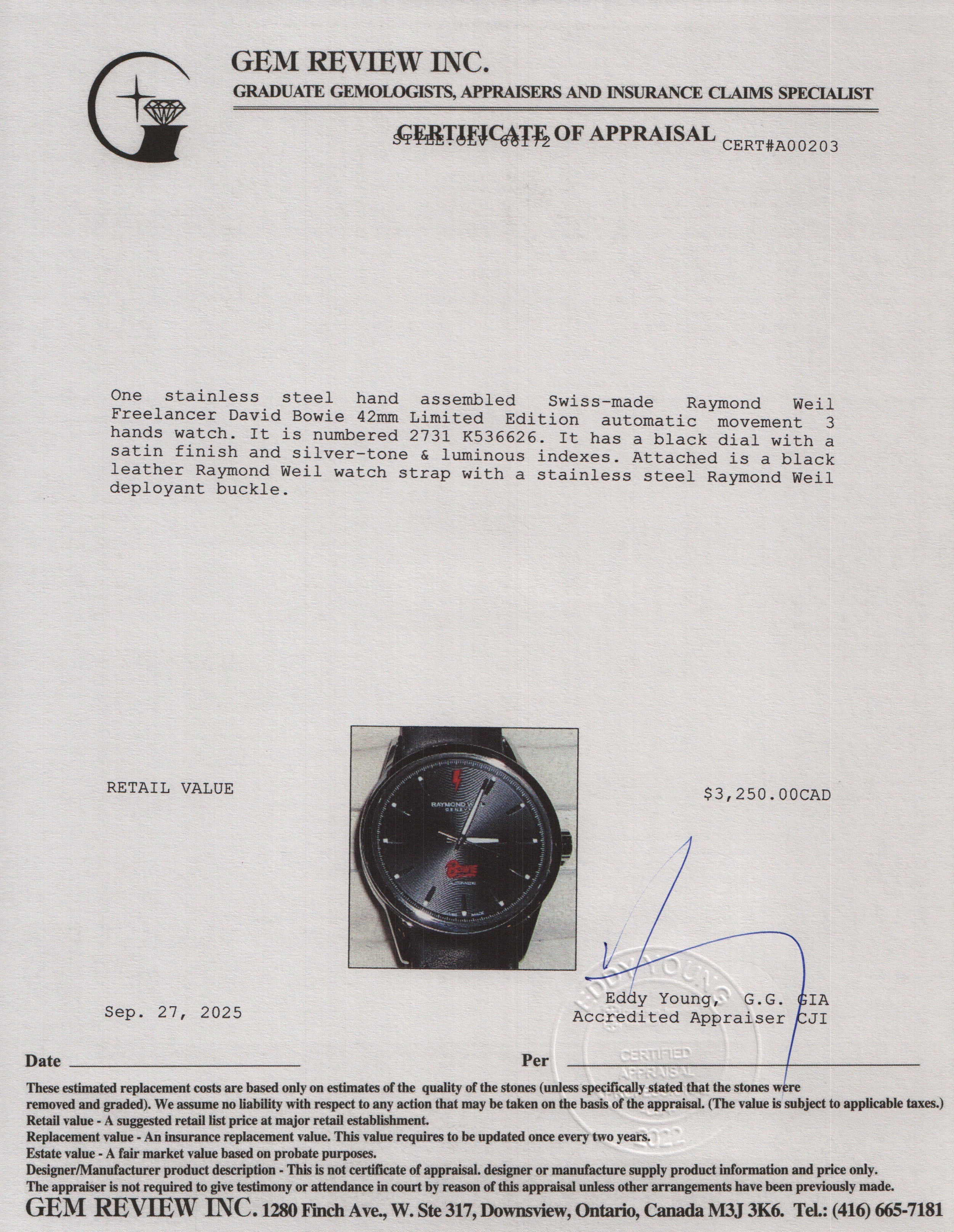 Raymond Weil Stainless Steel Freelancer David Bowie 42 MM Limited Edition Automatic Watch w/ Box & Papers