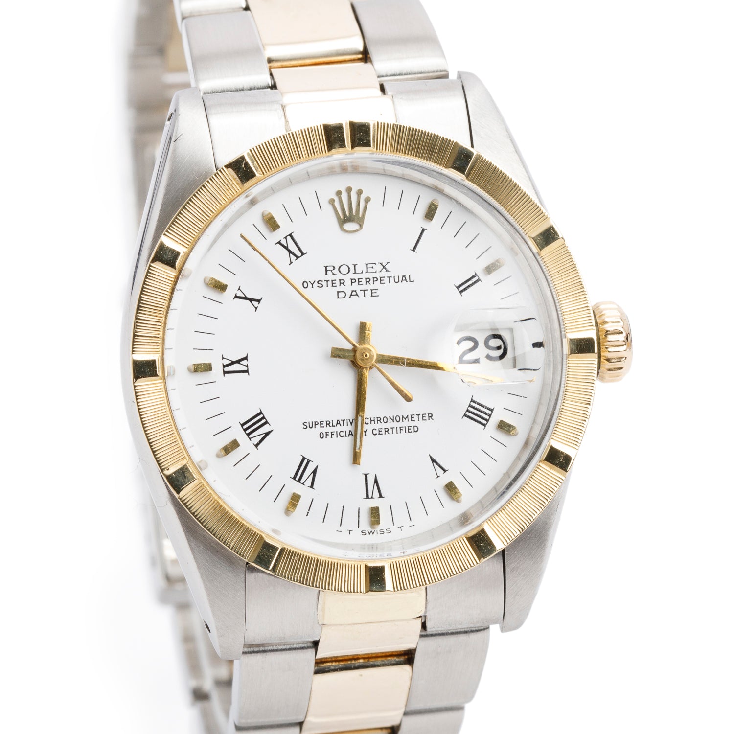 Rolex Vintage Stainless Steel & 18k Yellow Gold Oyster Perpetual Date 34 MM Watch White Roman Dial 1501