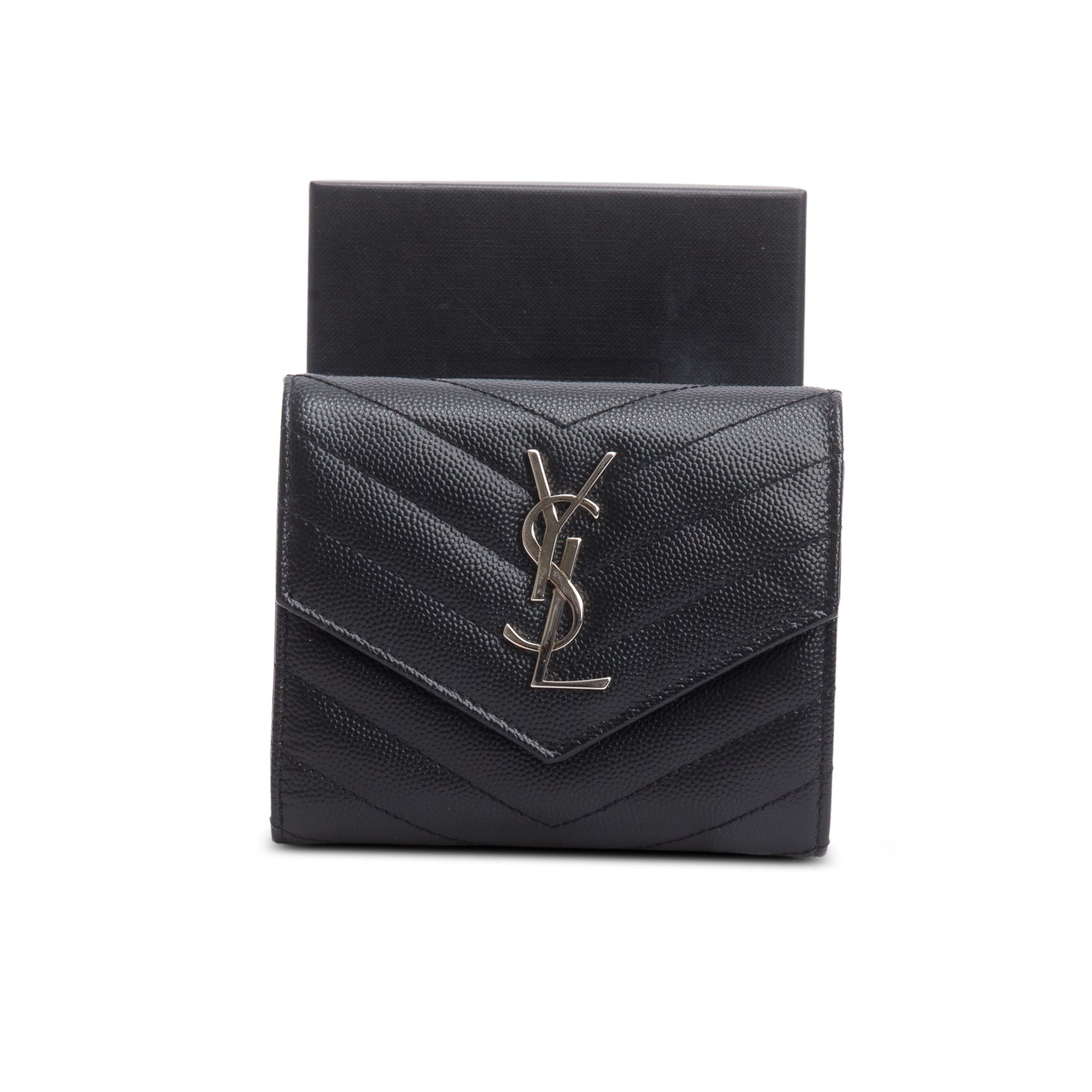 Saint Laurent 2022 Black Grain de Poudre Chevron Wallet w/ Box & Receipt