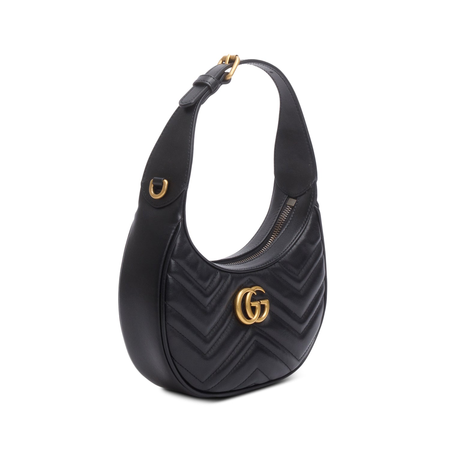 Gucci Black Calfskin Matelasse Chevron Mini GG Marmont Half Moon Hobo w/ Box & Strap