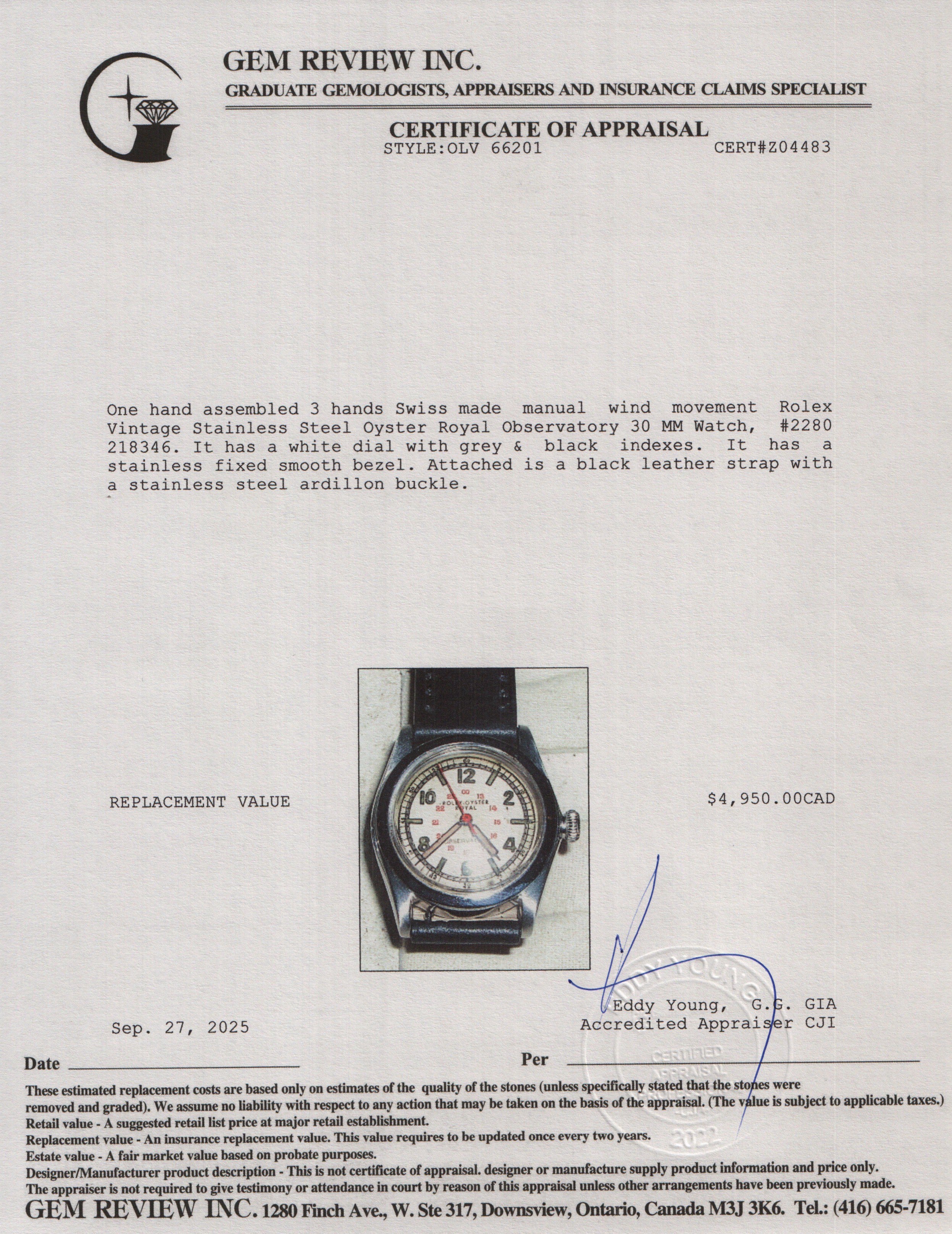 Rolex Vintage Stainless Steel Oyster Royal Observatory 30 MM Watch White Dial 2280