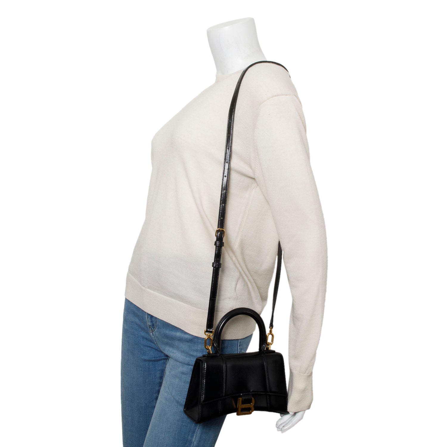 Balenciaga Black Leather XS Hourglass Top Handle Bag w/ Strap