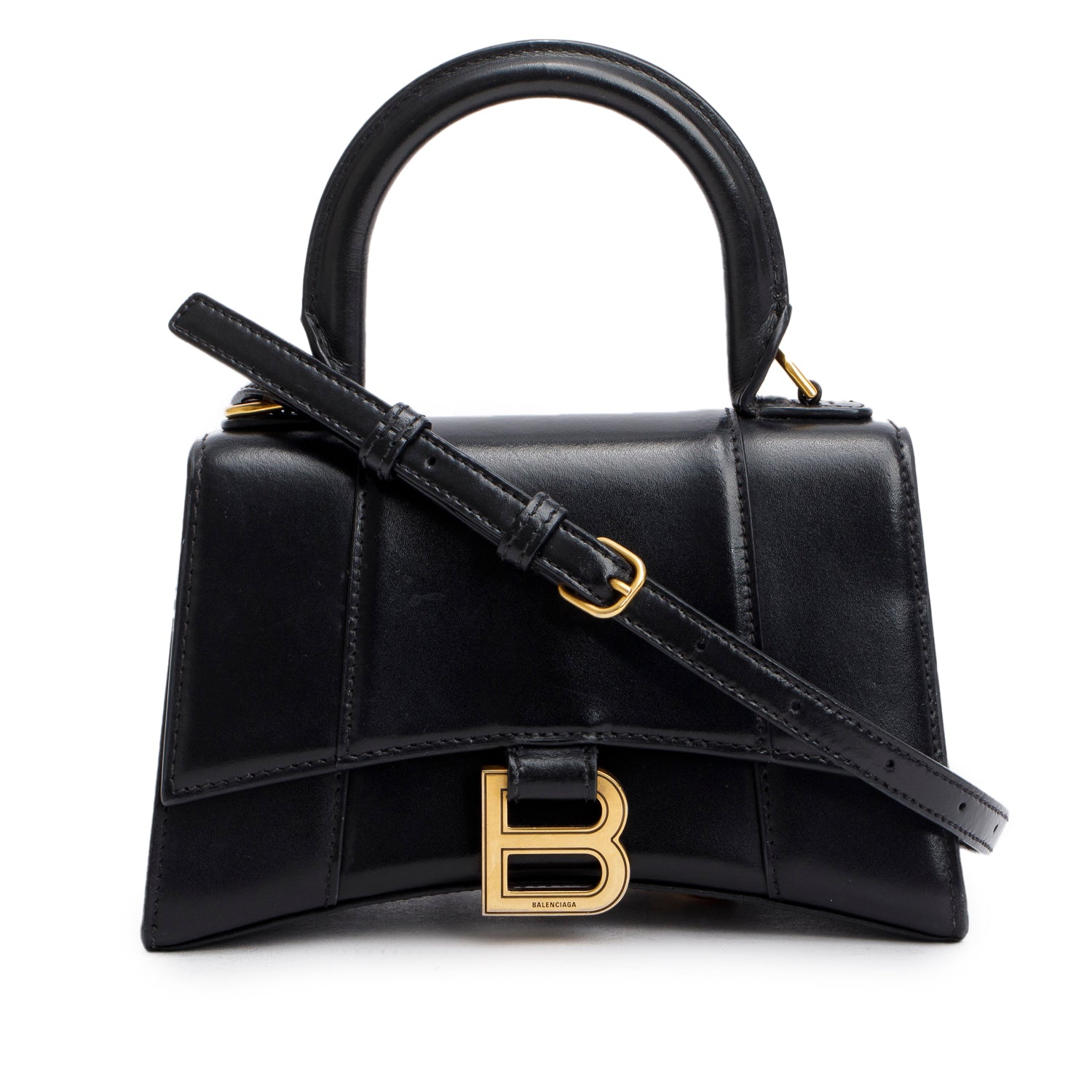 Balenciaga Black Leather XS Hourglass Top Handle Bag w/ Strap