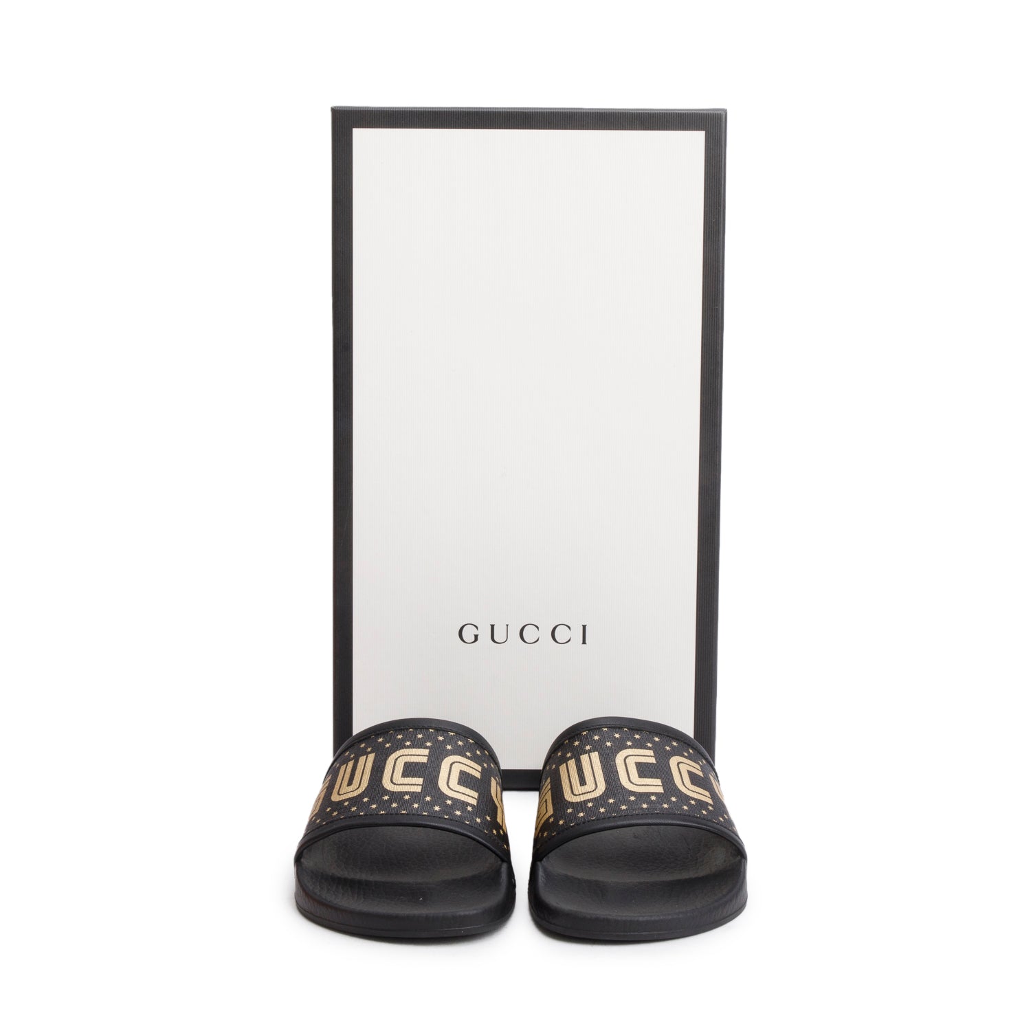 Gucci x Sega Supreme Black Rubber Guccy Star Slides, Size 5 w/ Box
