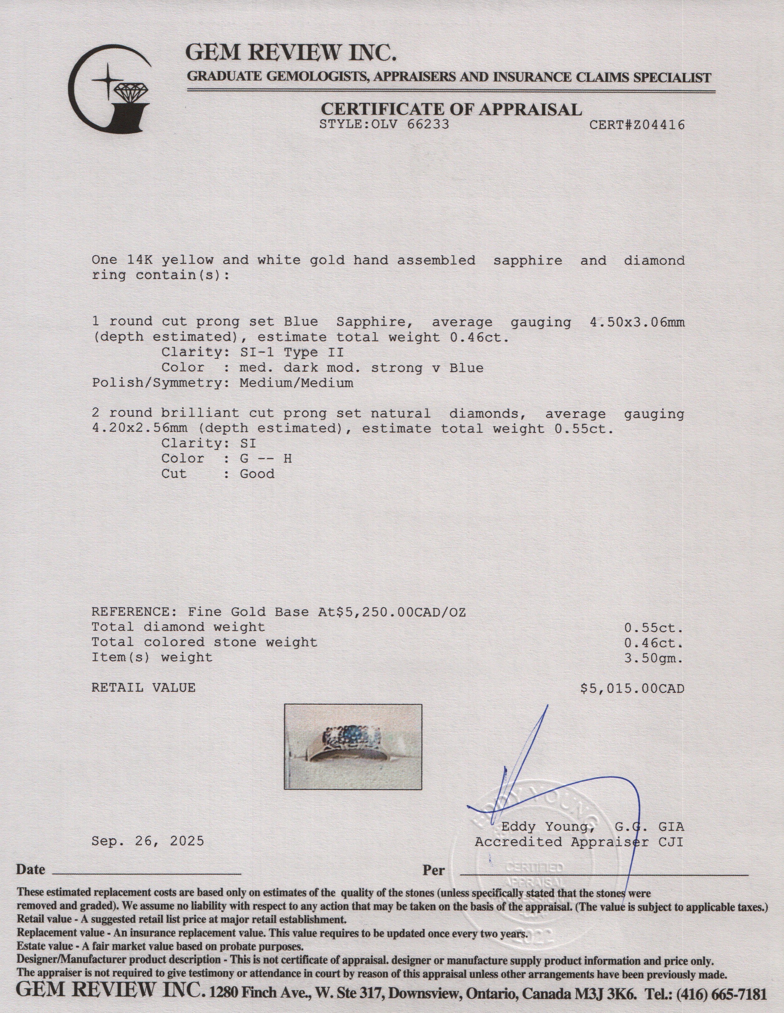 14k Yellow & White Gold Sapphire and Diamond Three-Stone Ring, Size 8.5