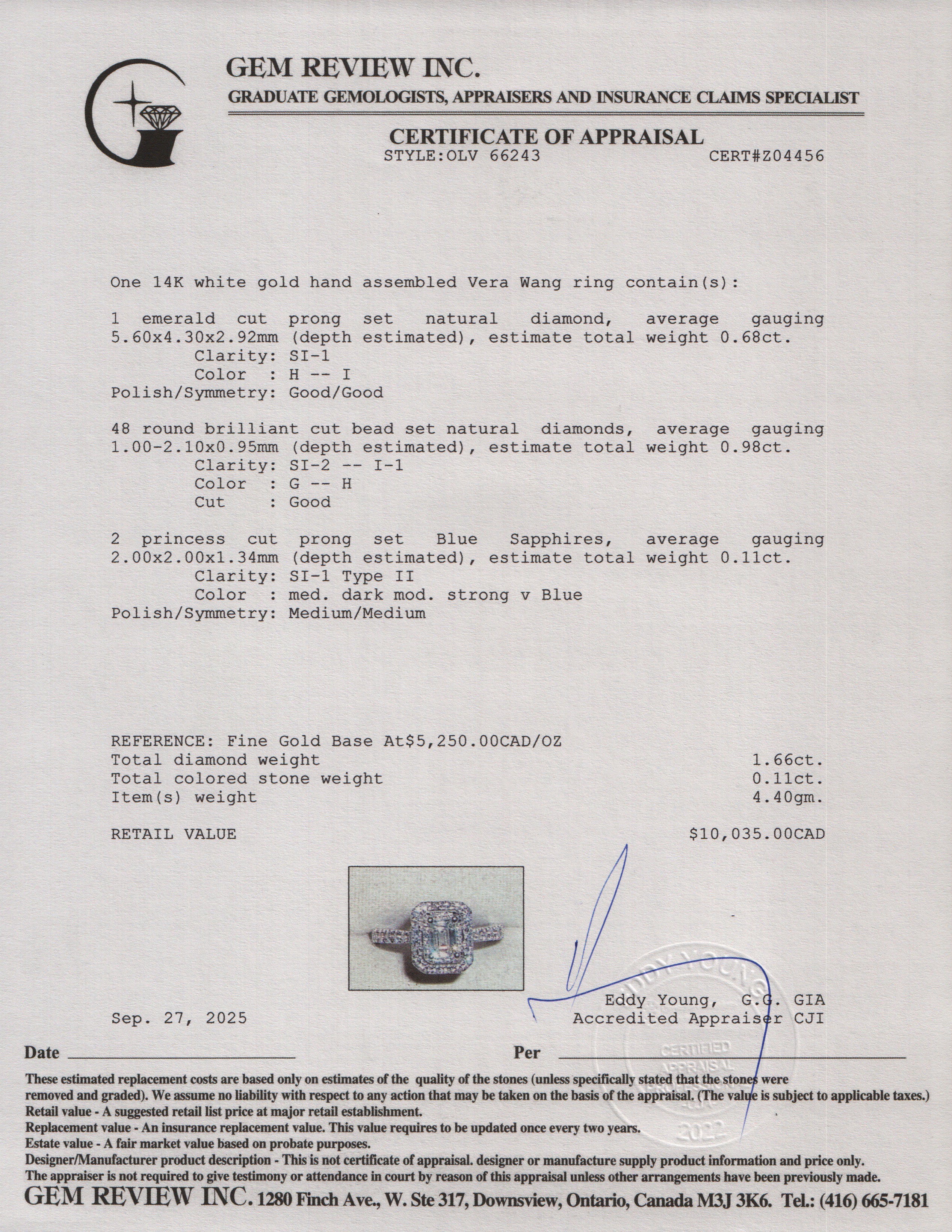 Vera Wang 14k White Gold Love Emerald Cut Diamond Engagement Ring, Size 6.25 w/ Box & Certificate