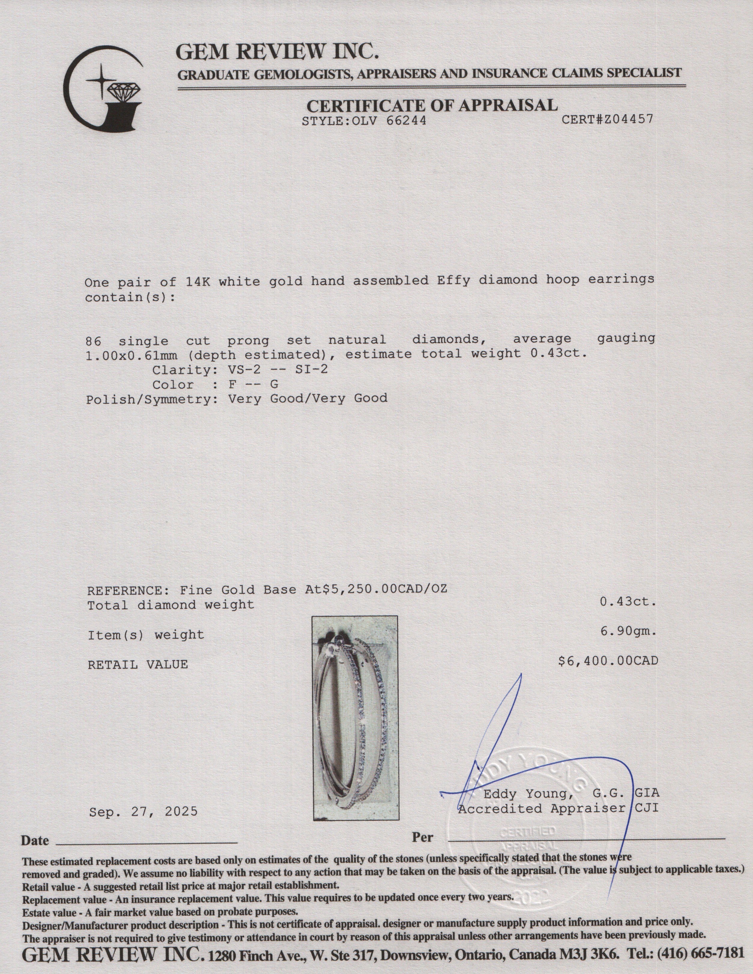 Effy 14k White Gold Diamond Hoop Earrings