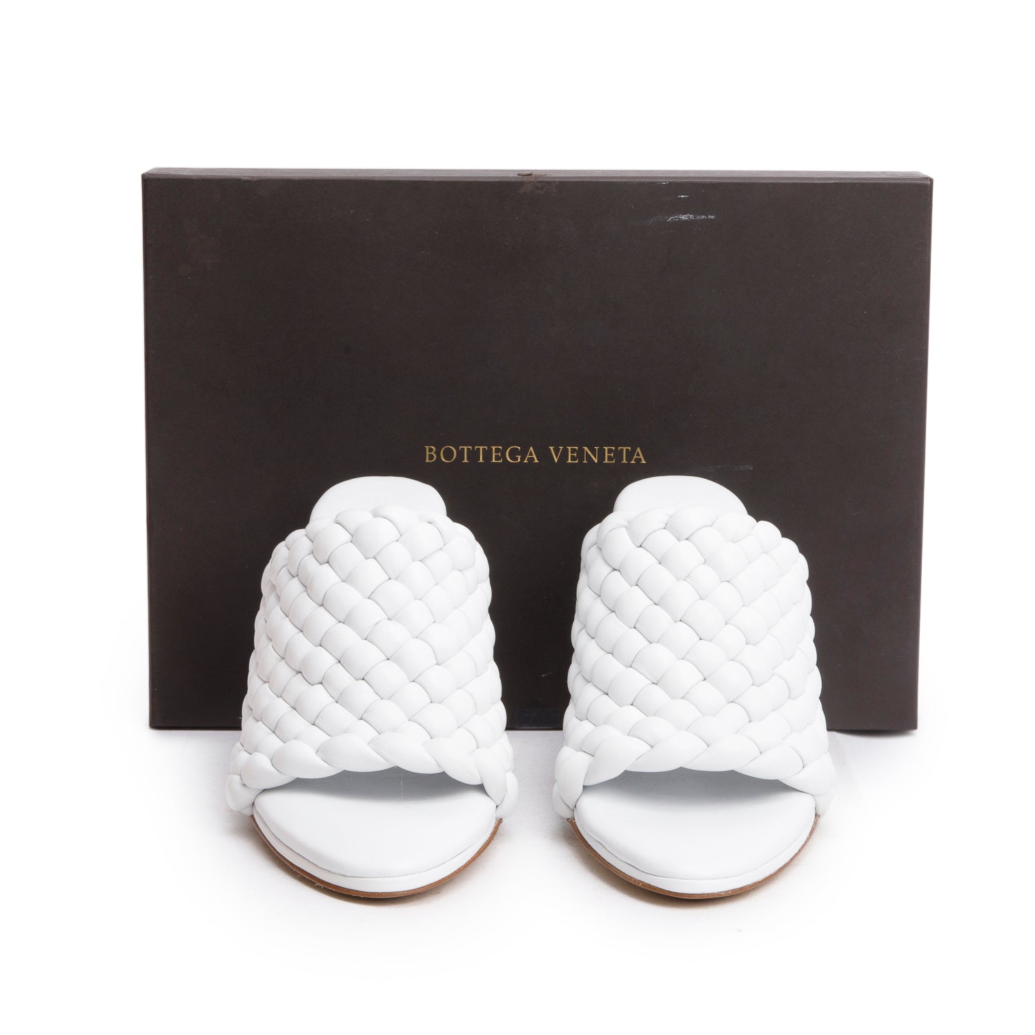 Bottega Veneta White Nappa Leather Padded Intreccio The Curve Mule Sandals, Size 38 w/ Box