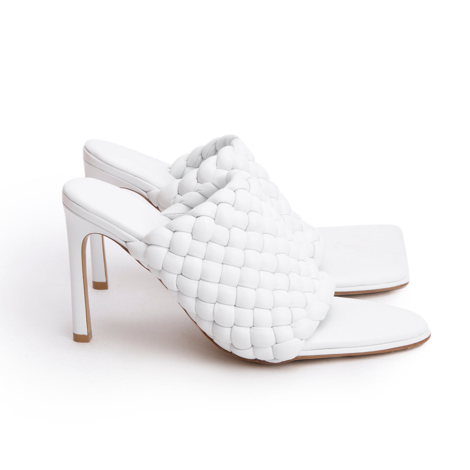Bottega Veneta White Nappa Leather Padded Intreccio The Curve Mule Sandals, Size 38 w/ Box