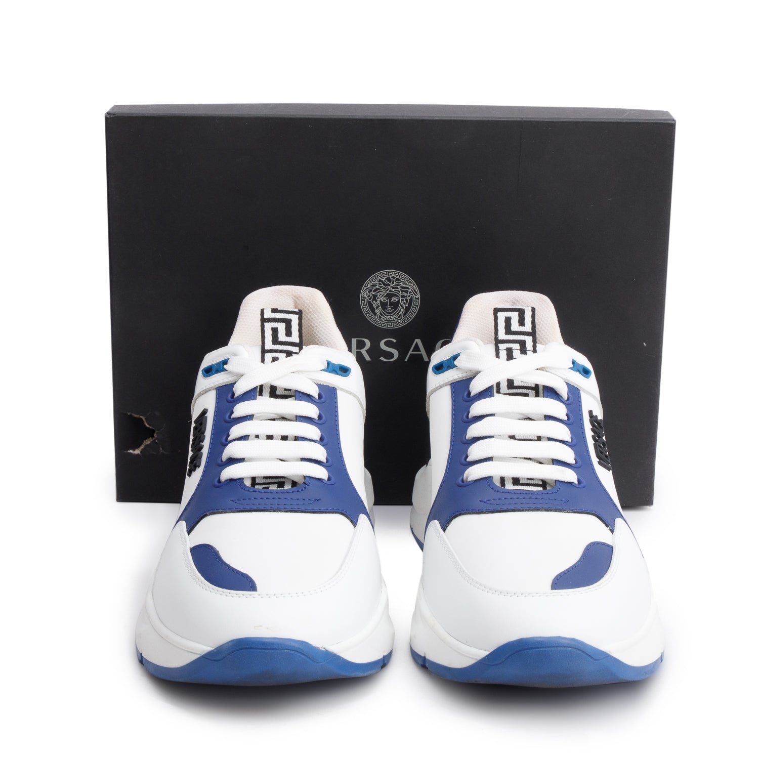 Versace White/Blue Leather Greca Sneakers, Size 42 w/ Box