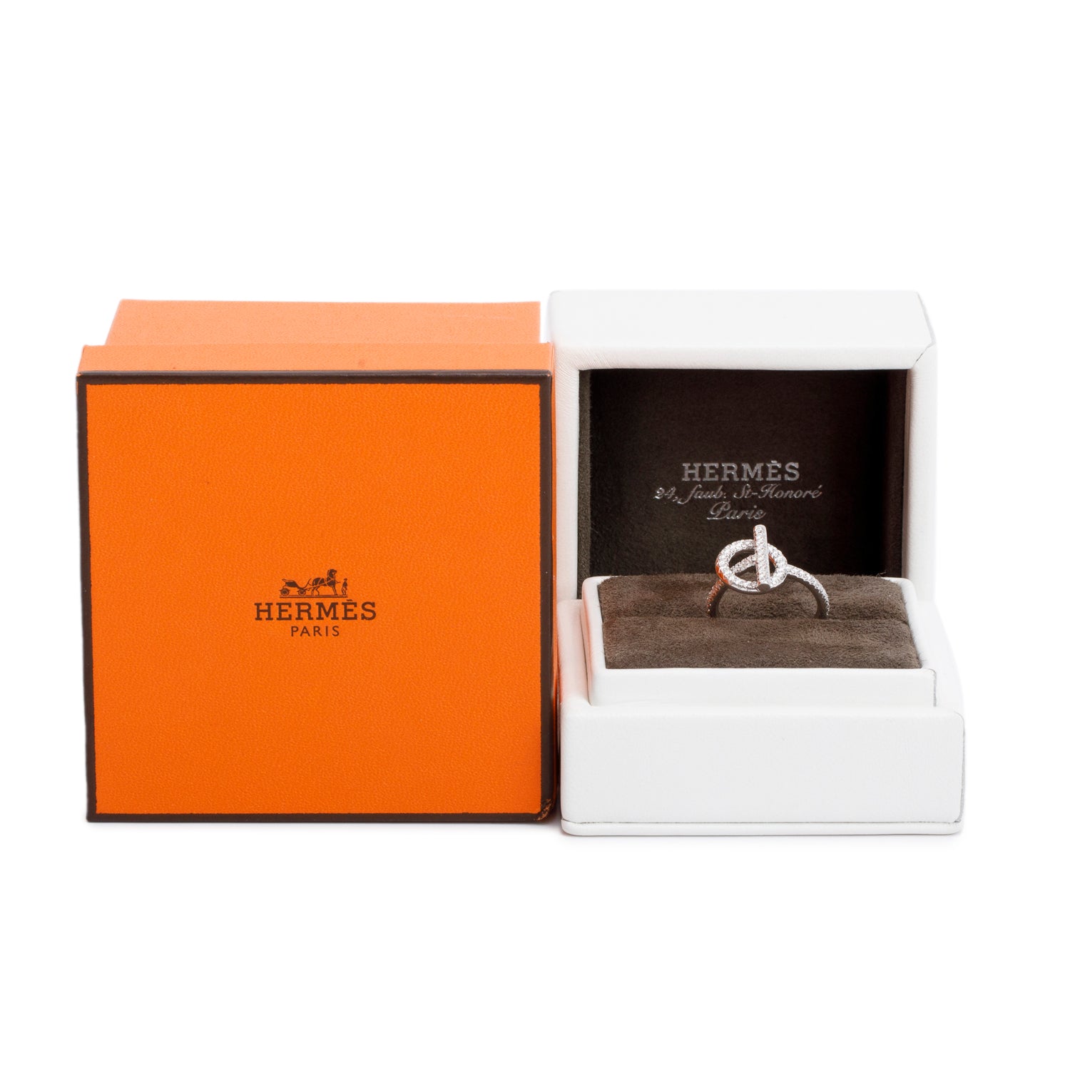 Hermes 18k White Gold Diamond Echappee Ring, Small Model, Size 52 6.0 w/ Box