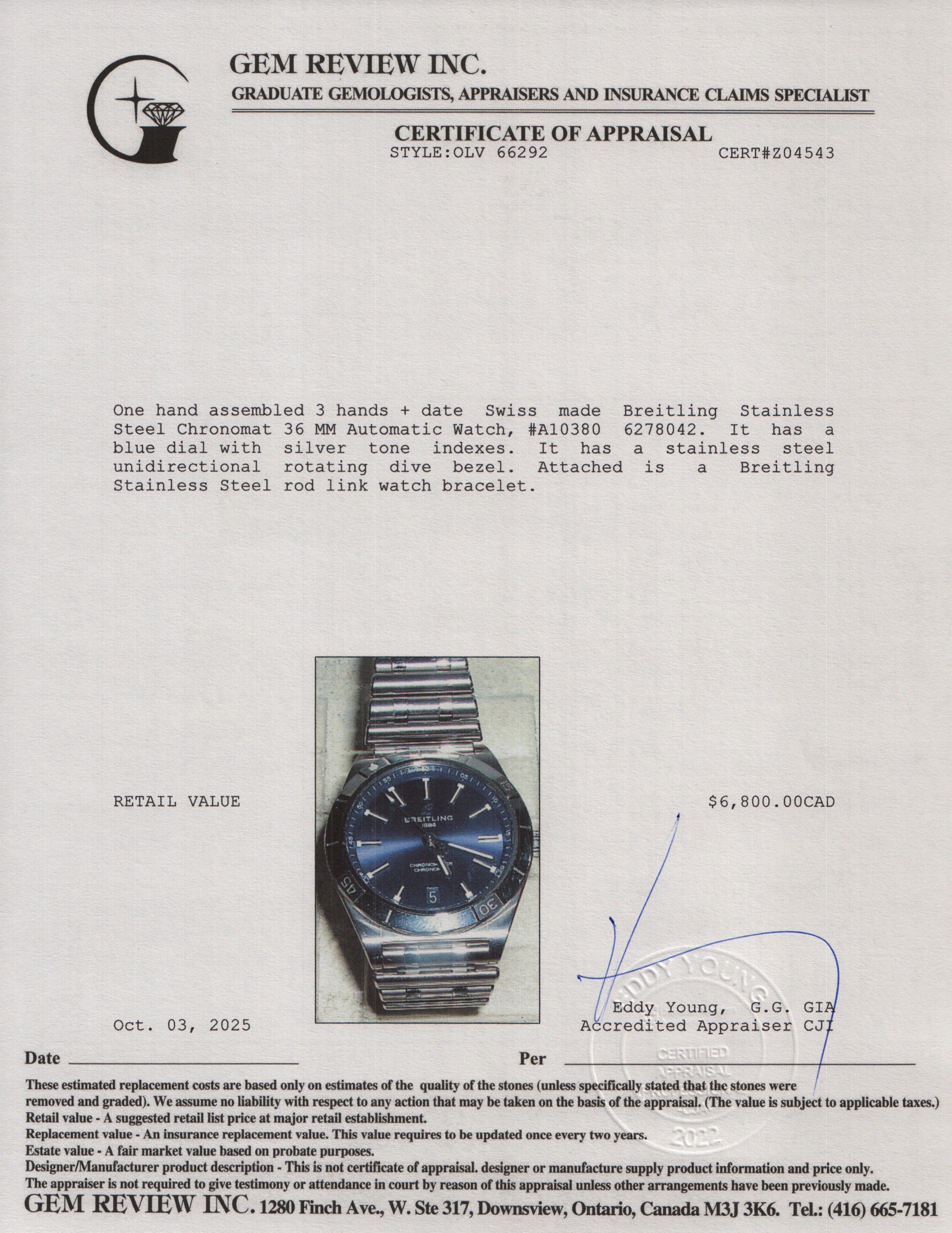 Breitling Stainless Steel Chronomat 36 MM Automatic Watch Blue Dial A10380 w/ Box & Papers