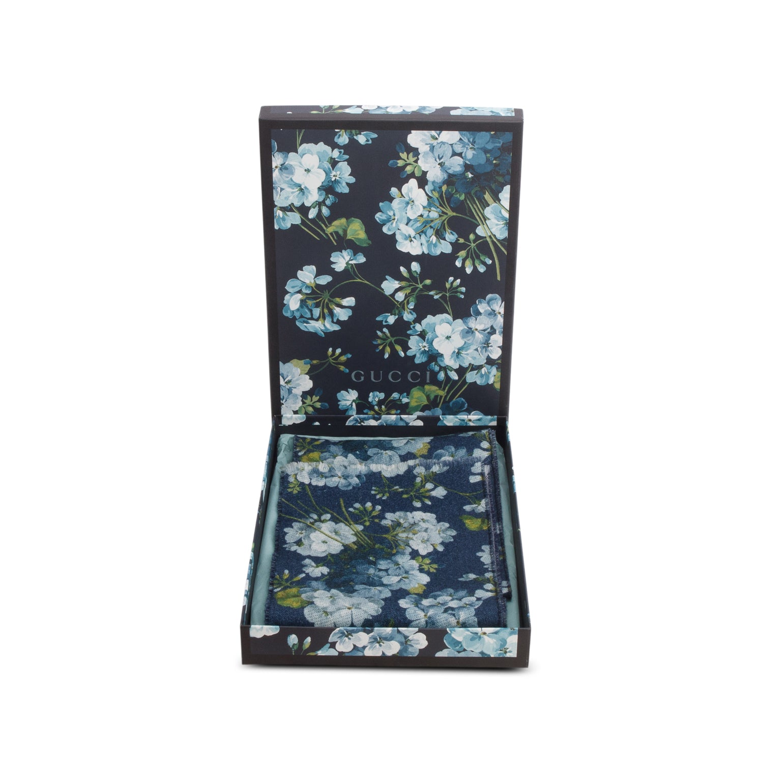 Gucci Blue Floral Monogram Reversible Wool Scarf w/ Box
