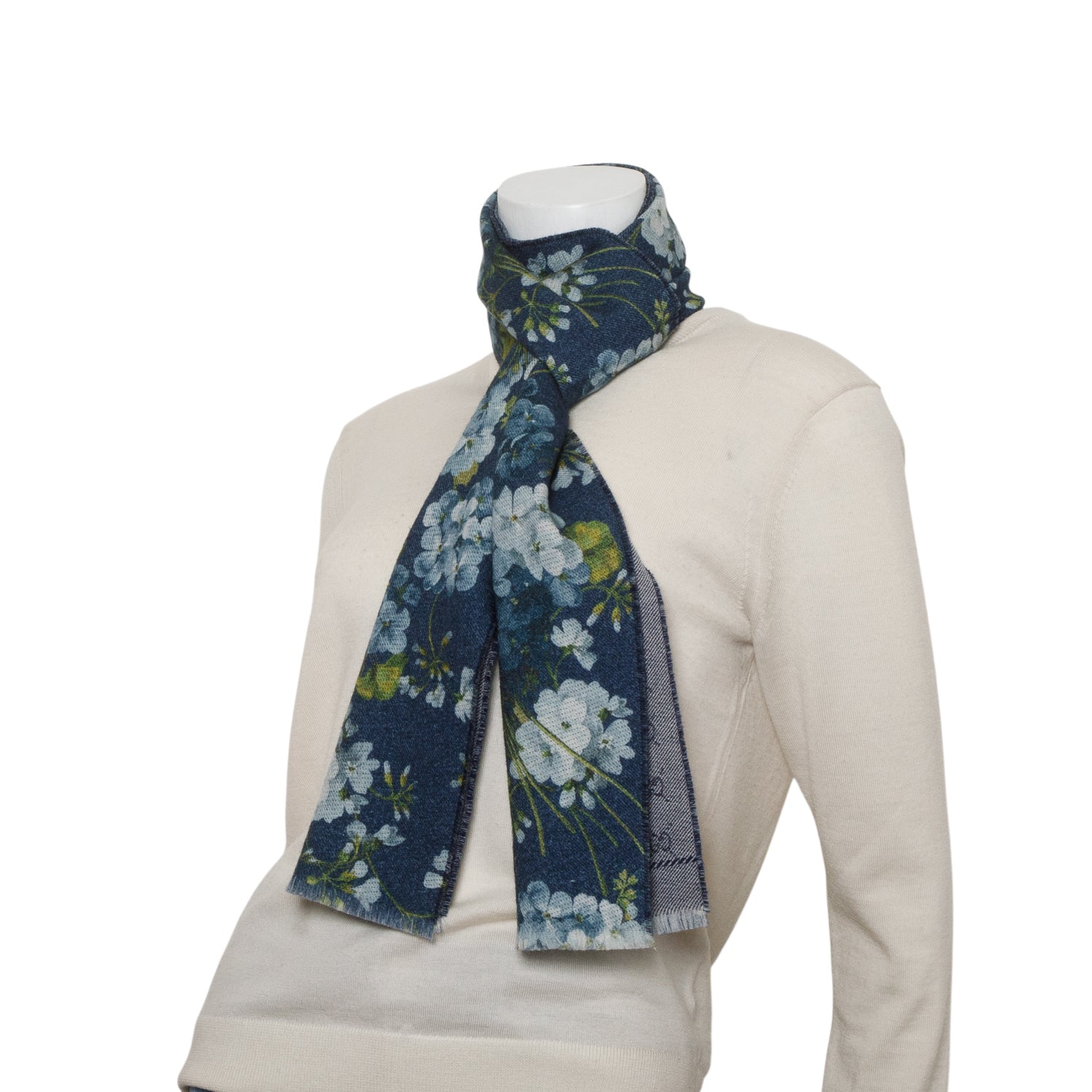 Gucci Blue Floral Monogram Reversible Wool Scarf w/ Box