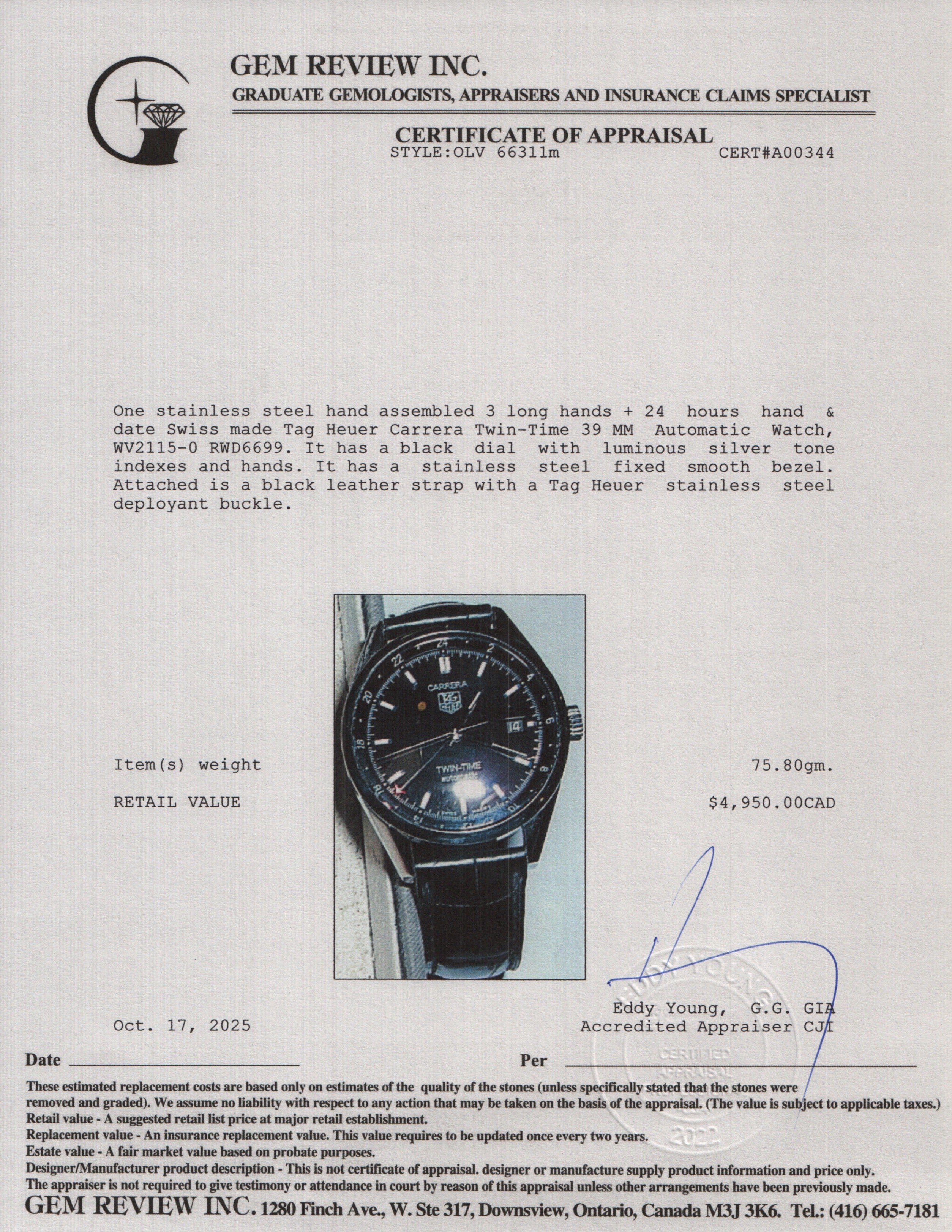 Tag Heuer Stainless Steel Carrera Twin-Time 39 MM Automatic Watch WV2115-0 w/ Papers