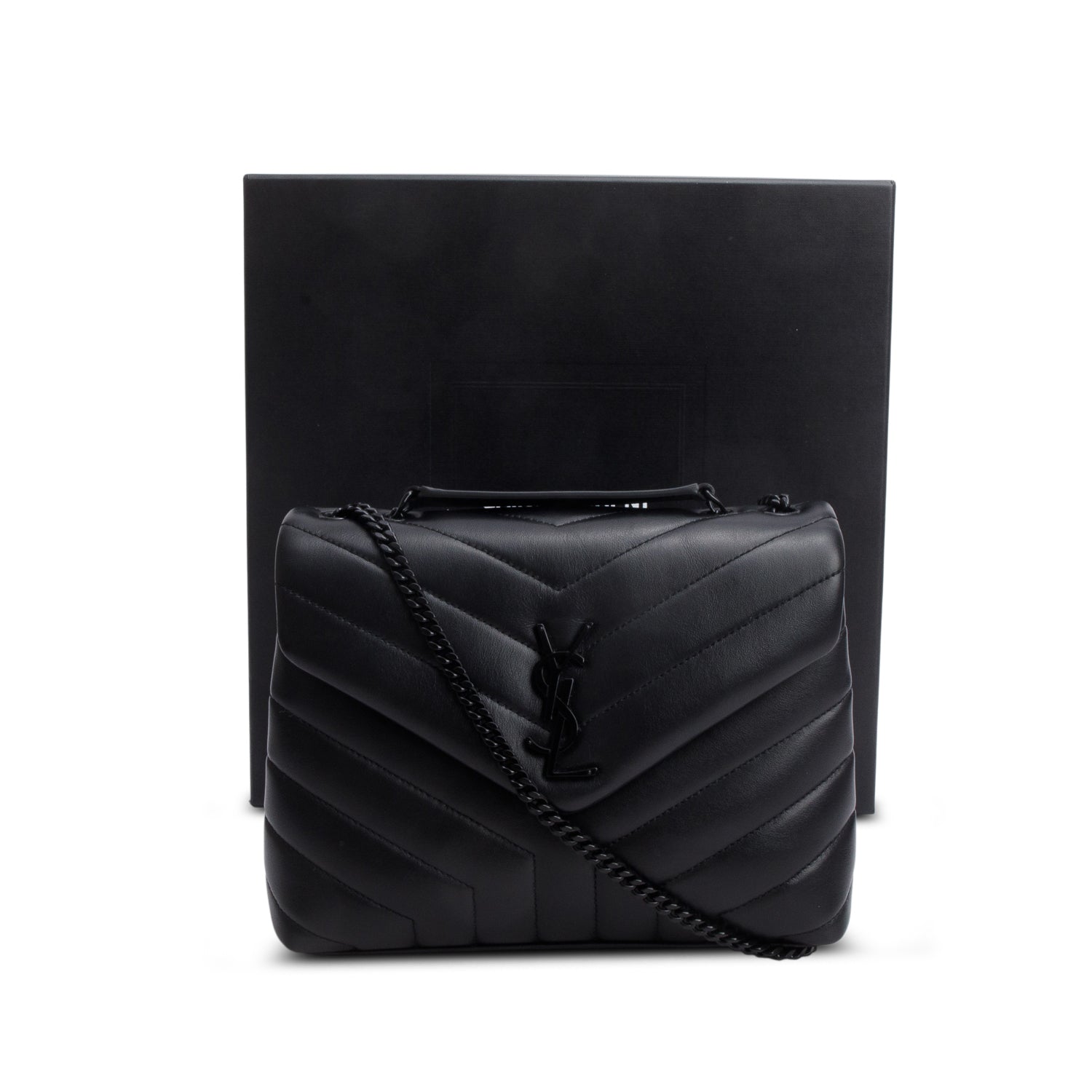 Saint Laurent 2022 Black Y Chevron Leather Small LouLou Shoulder Bag w/ Box