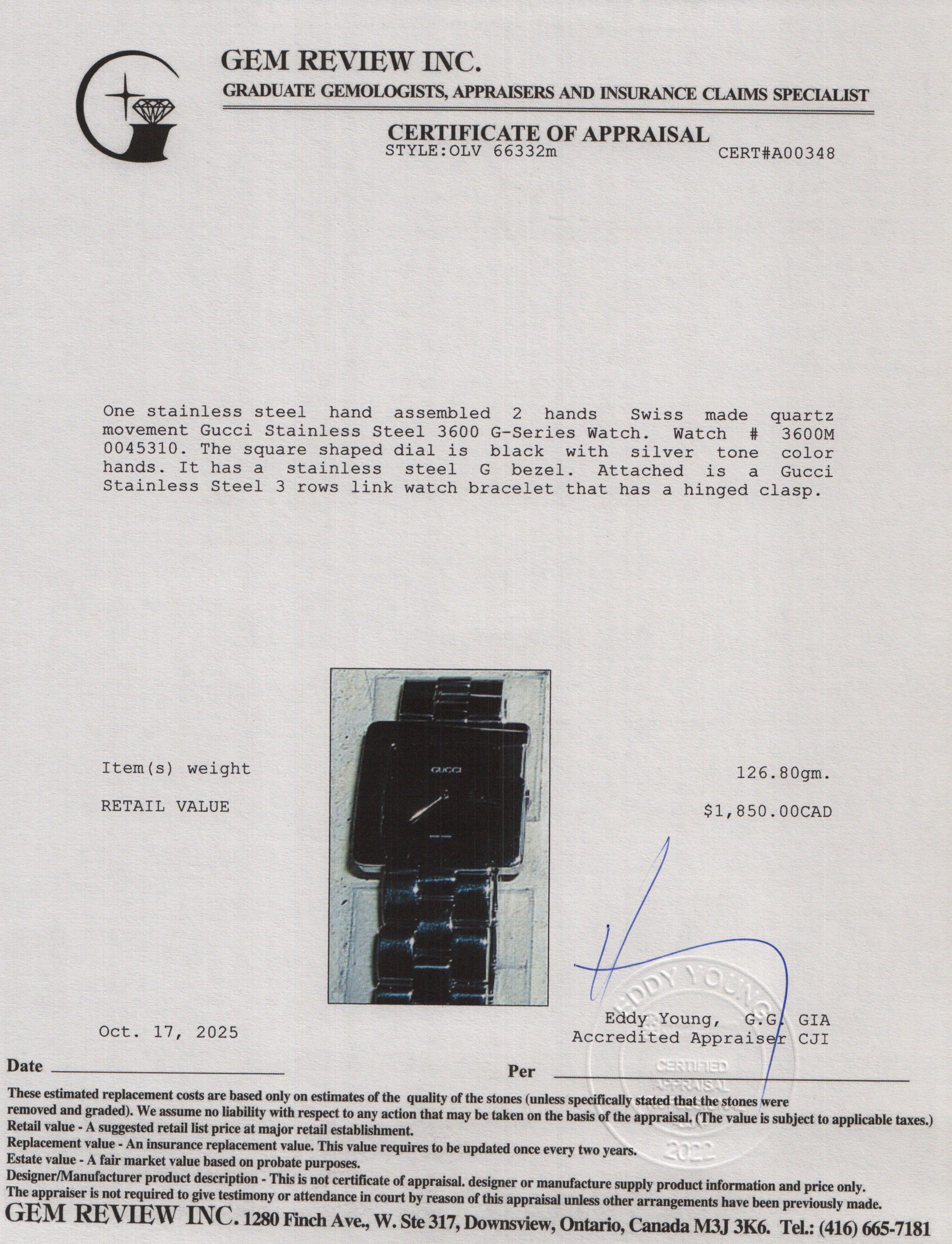 Gucci Stainless Steel 3600 G-Series Watch