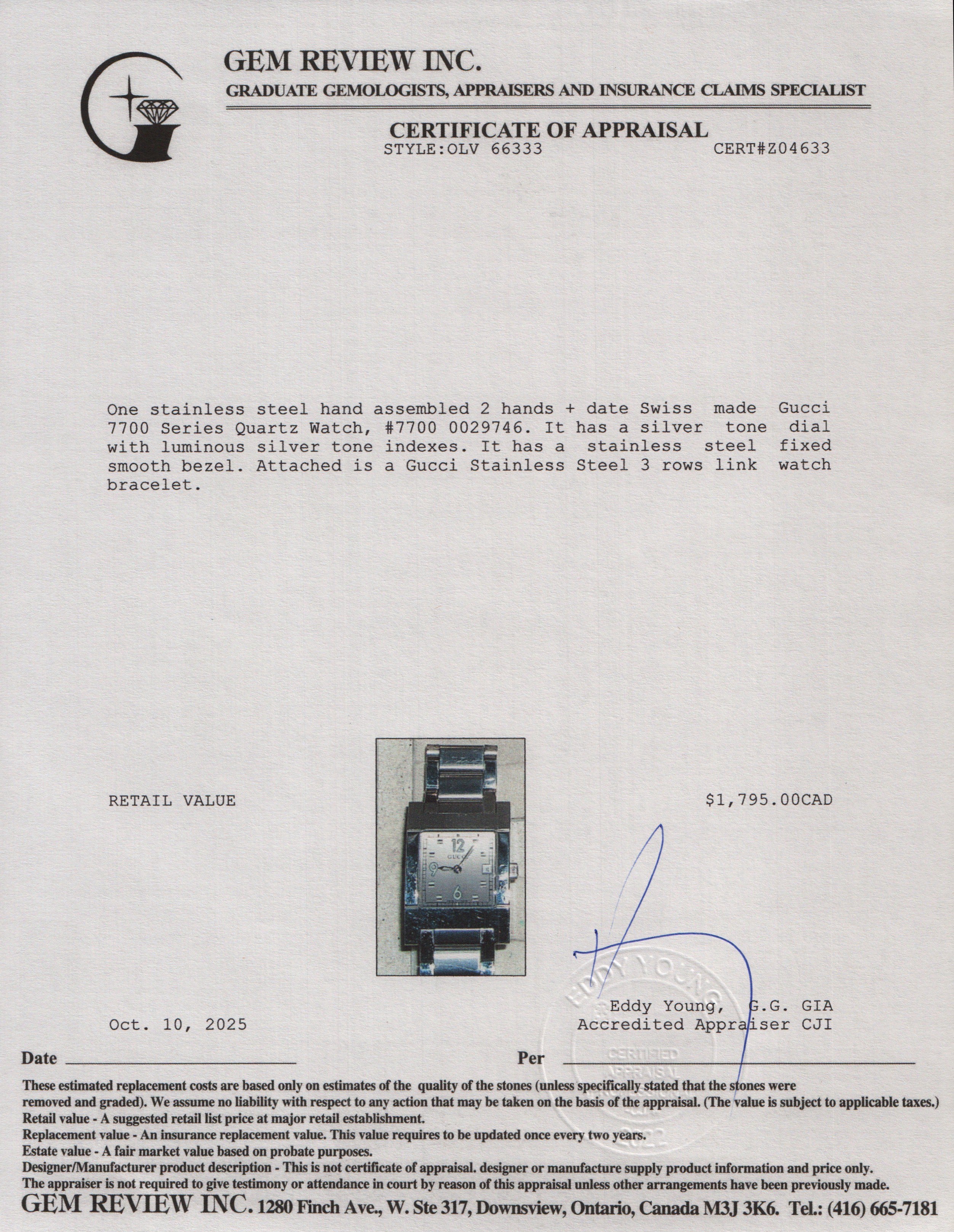 Gucci Stainless Steel 7700 Series Quartz Watch Silver Dial